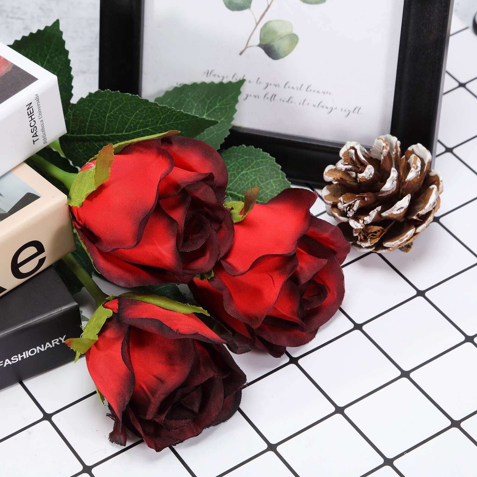 31" 24Pcs Red, Black Tip Long Stem Artificial Silk Roses Flowers