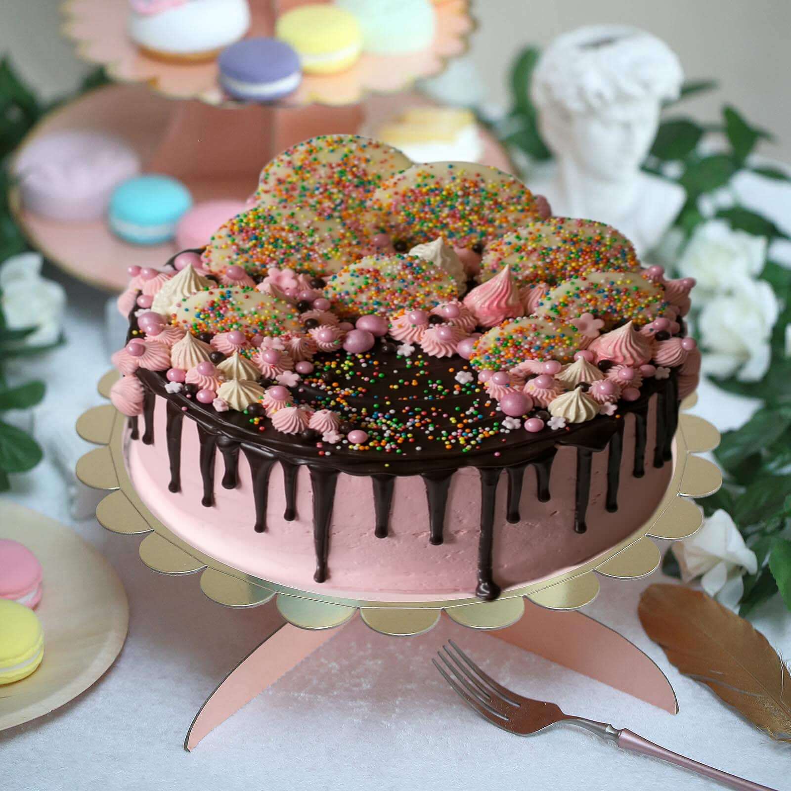 1-Tier Cardboard Cake Stand Blush - Stylish Reusable Cupcake Dessert Holder with Gold Scalloped Rim for Baby Showers Birthdays & Events 13"