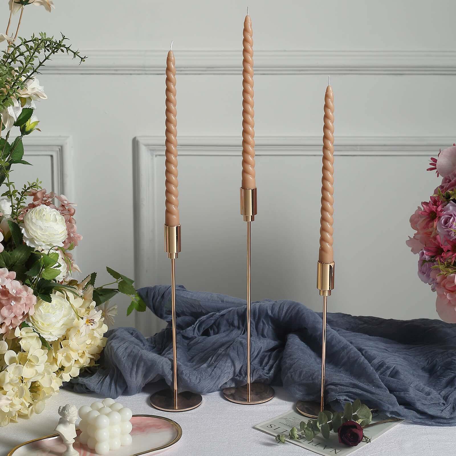 12-Pack Taper Candles Spiral Long Burn Wick Design Beige - Premium Unscented Wax Dinner Candle Sticks 11"