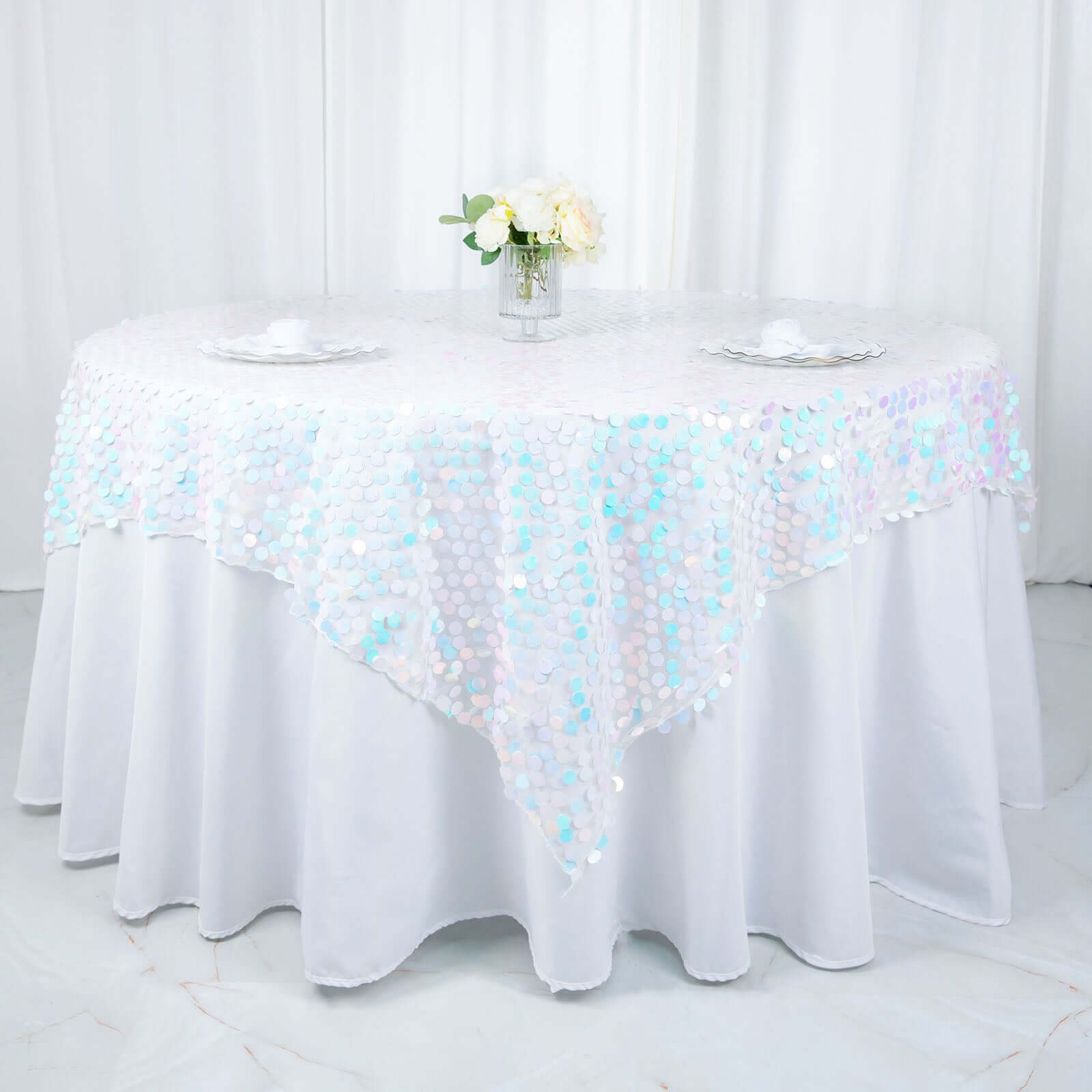 Sequin 72"x72" Table Overlay Square Tablecloth Iridescent Blue - Big Payette Table Cover