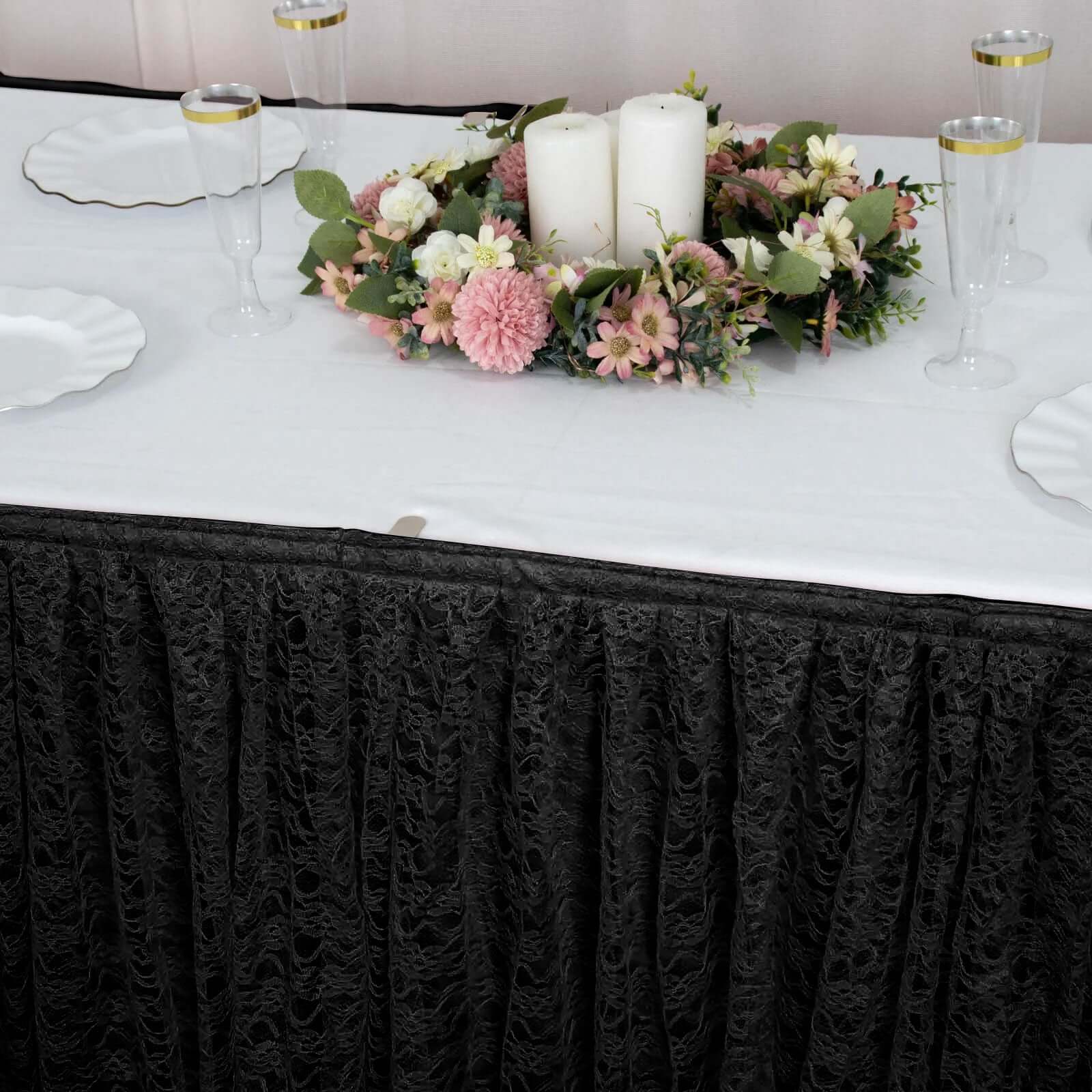 21ft Black Premium Pleated Lace Table Skirt