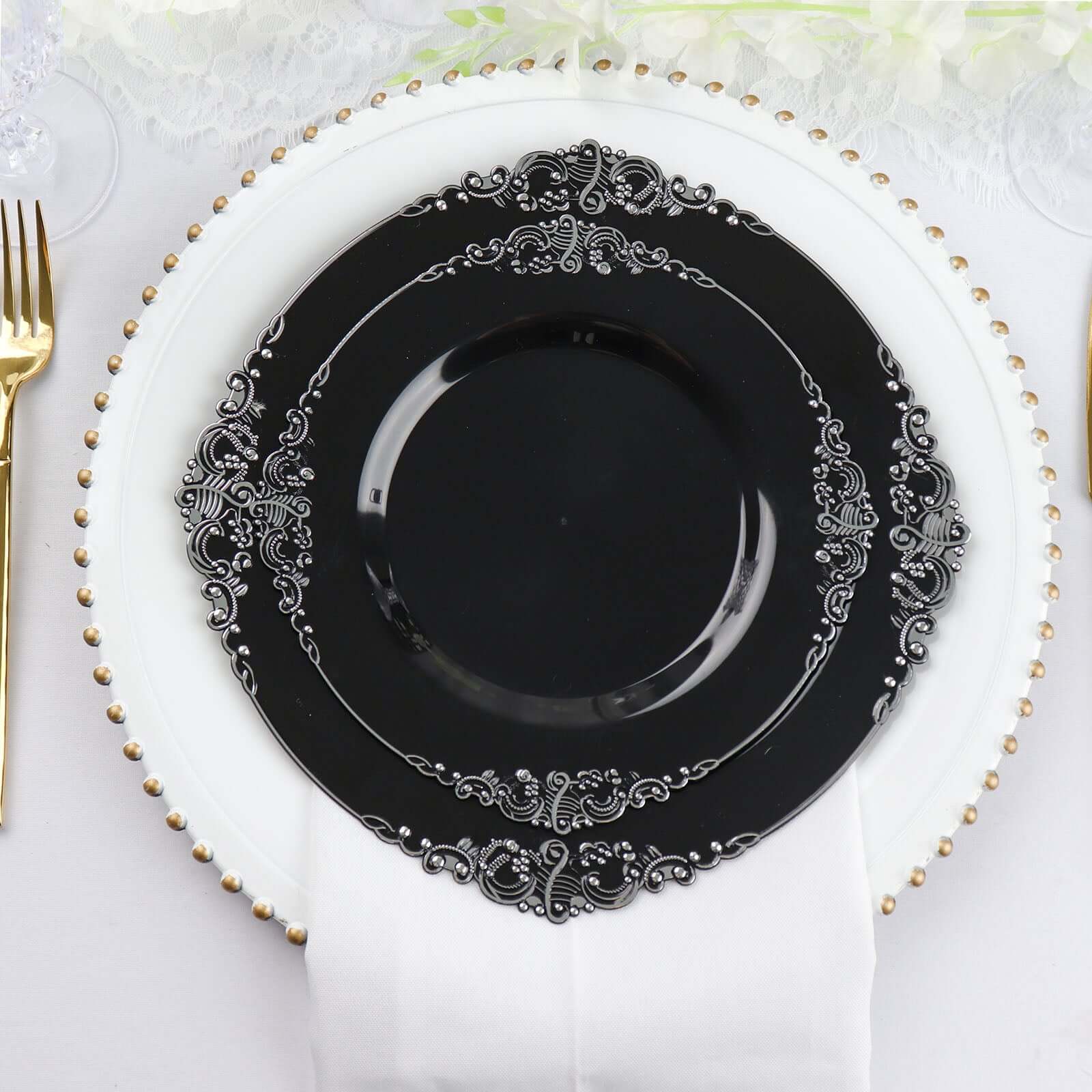 10-Pack Plastic 8" Round Dessert Plates in Black with Silver Leaf Embossed Rim - Disposable Vintage Baroque Style Salad Plates
