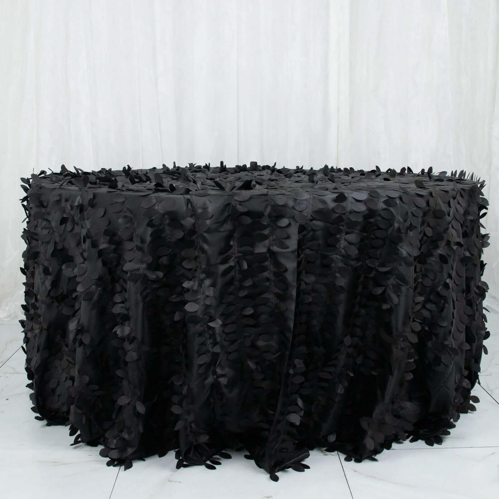 Taffeta 132" Round Tablecloth Black 3D | 3D Leaf Petal Design Seamless Table Cover