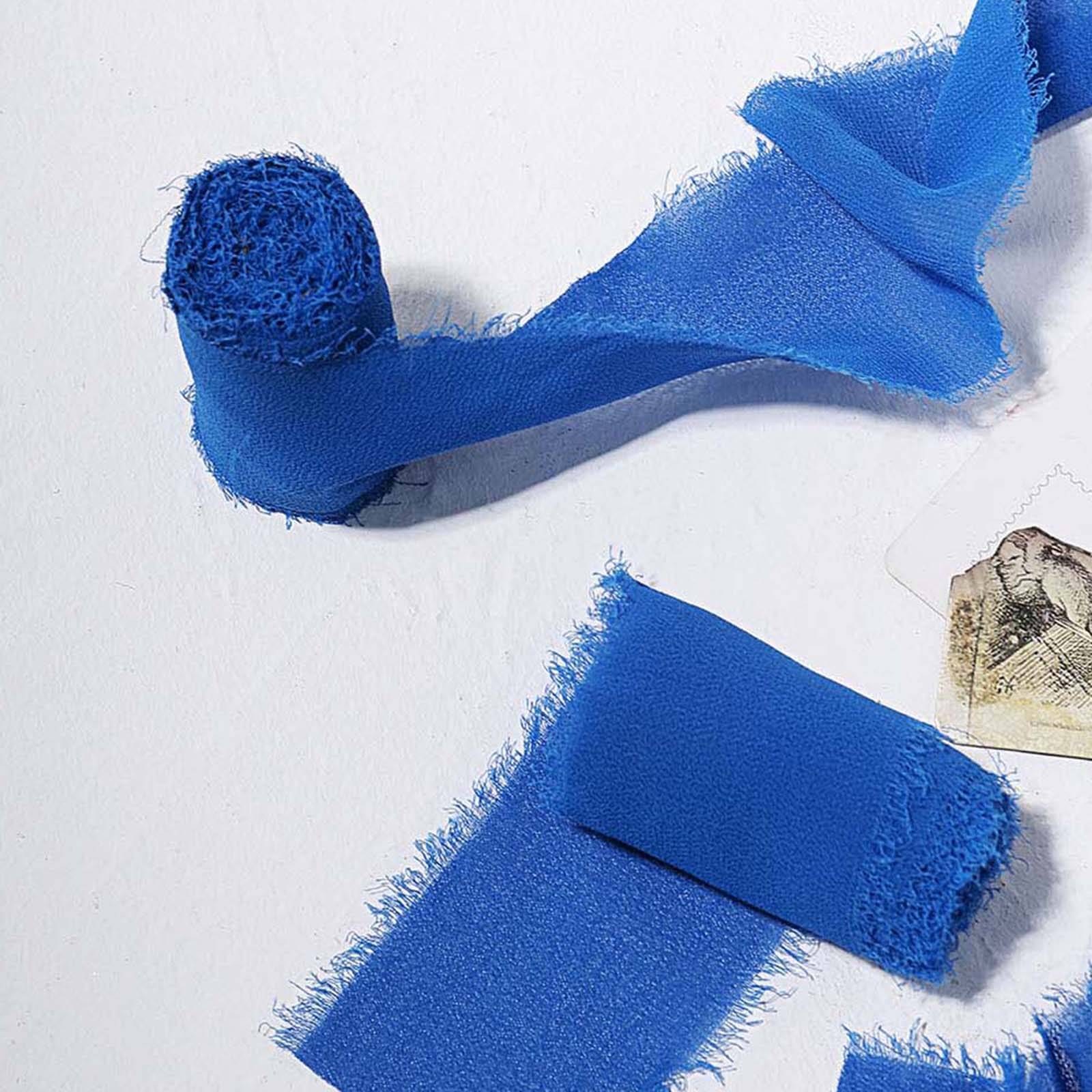 2 Pack 6yd Royal Blue Silk-Like Chiffon Linen Ribbon Roll For Bouquets, Wedding Invitations Gift Wrapping