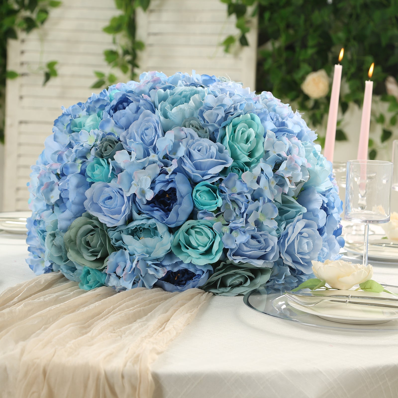 Pre-Arranged Silk Rose Bouquet Floral Arrangement Table Decor, Large Blue Artificial Rose Flower Balls Wedding Centerpieces - 20"
