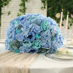 Pre-Arranged Silk Rose Bouquet Floral Arrangement Table Decor, Large Blue Artificial Rose Flower Balls Wedding Centerpieces - 20"