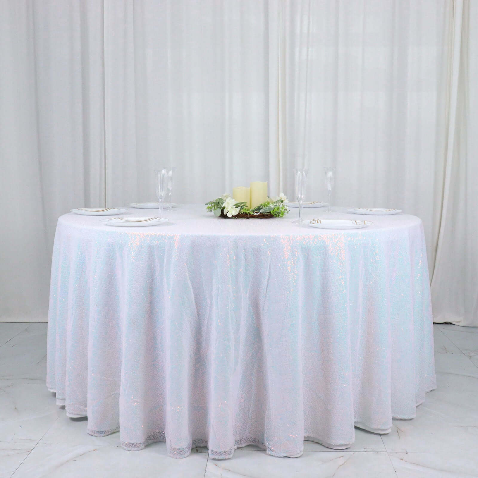 Sequin 132" Round Tablecloth Iridescent Blue - Seamless Dazzling Table Cover