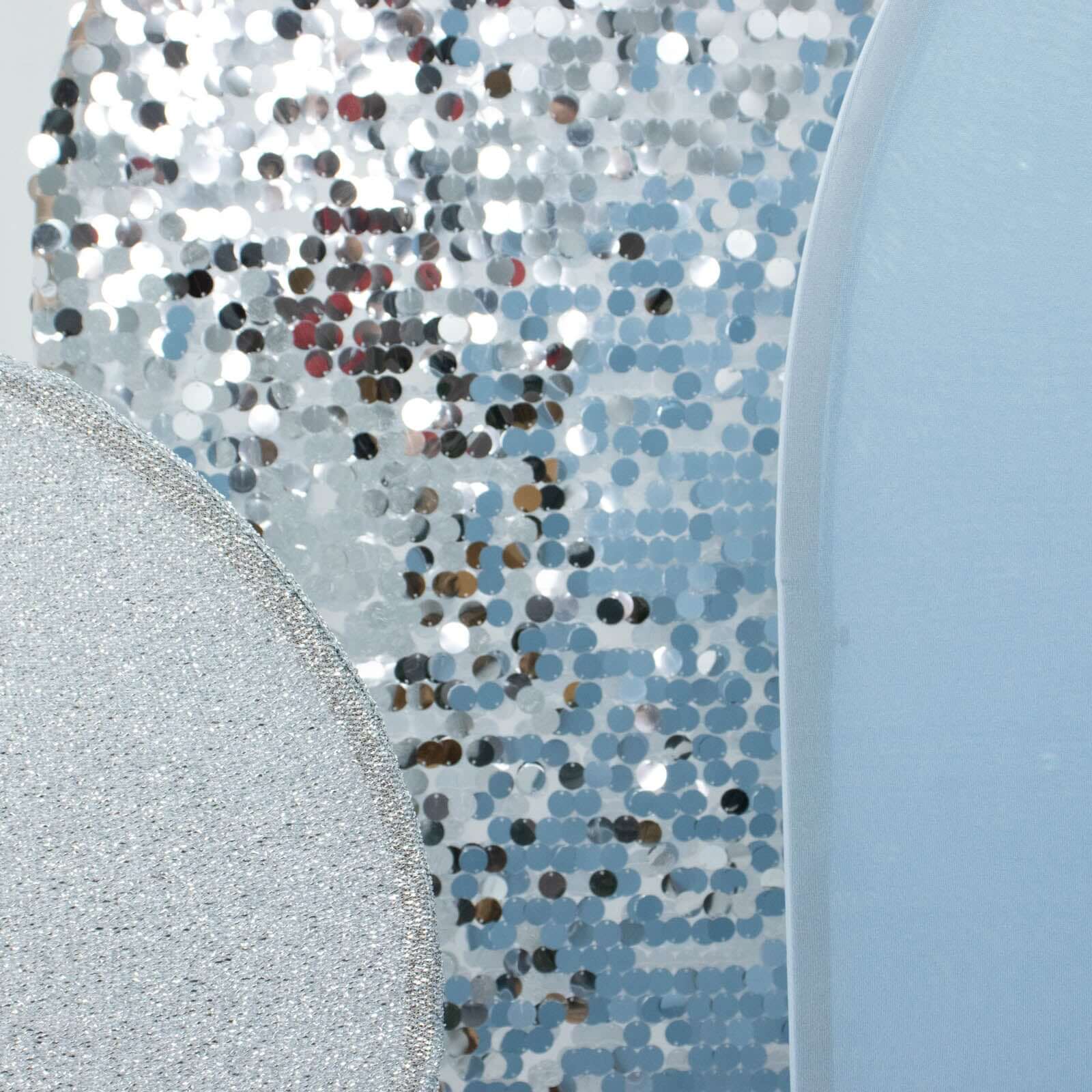 Set of 3 Dusty Blue Silver Round Top Fit Wedding Arch Frame Covers, Big Payette Sequin, Shimmer Tinsel and Matte Spandex Backdrop Stand Covers