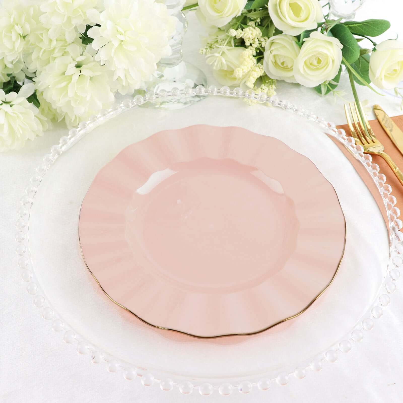 10-Pack Plastic 9" Round Dinner Plates in Blush Ruffled Rim with Gold Edging - Sturdy Disposable Dinnerware