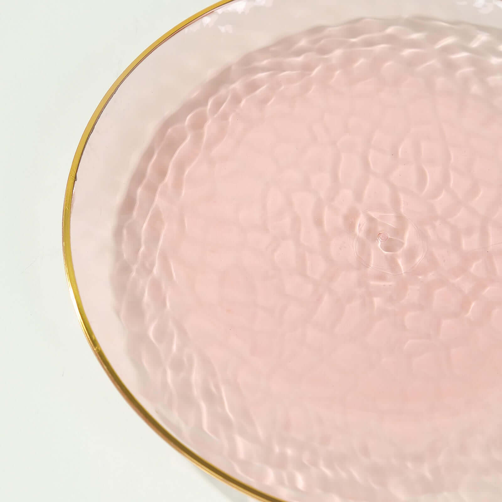 10-Pack Plastic 7" Round Dessert Appetizer Plates in Transparent Blush Hammered Design with Gold Rim - Modern Disposable Salad Plates