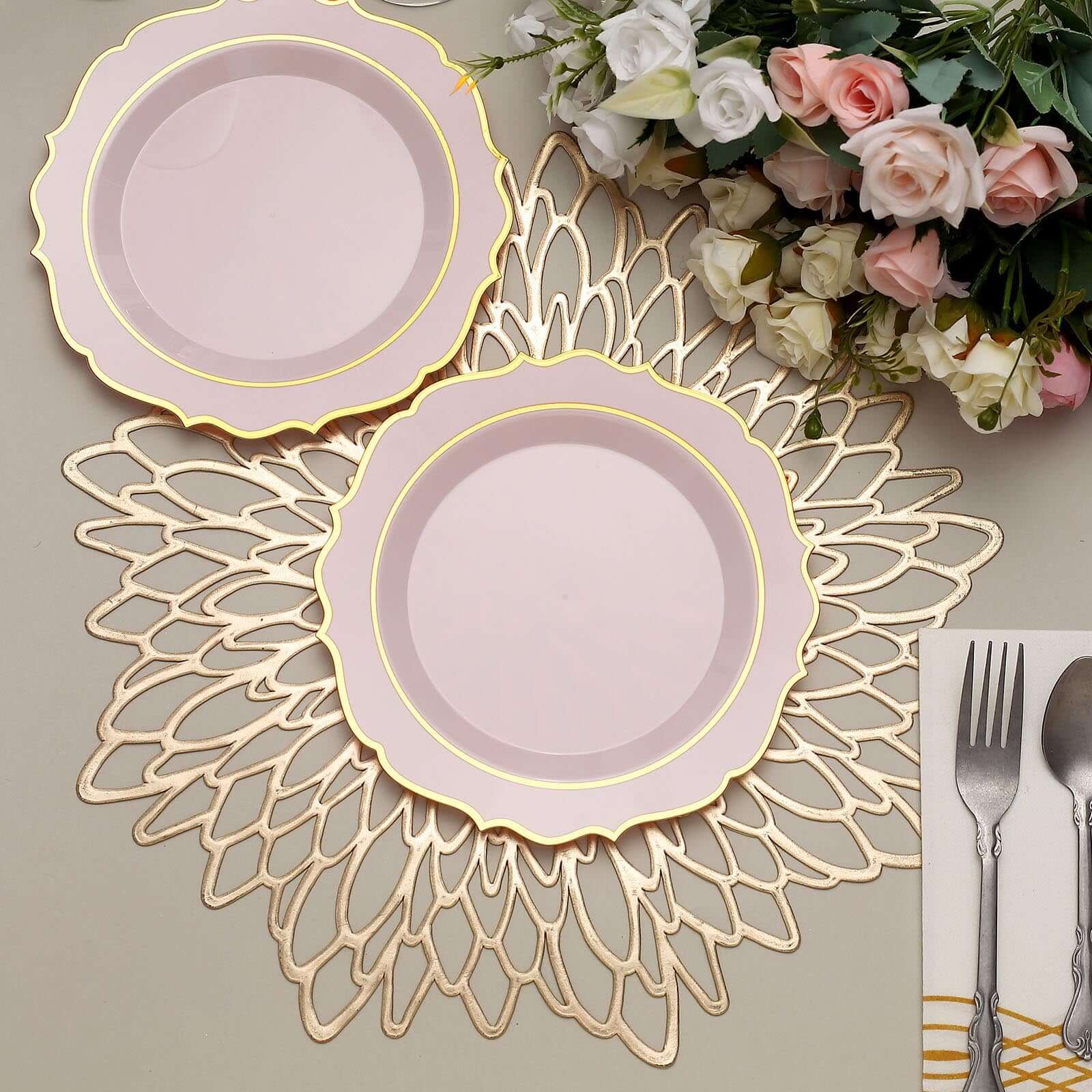 10-Pack Plastic 8" Round Desert Plates in Blush with Gold Scalloped Rim - Disposable Appetizer/Salad Plates