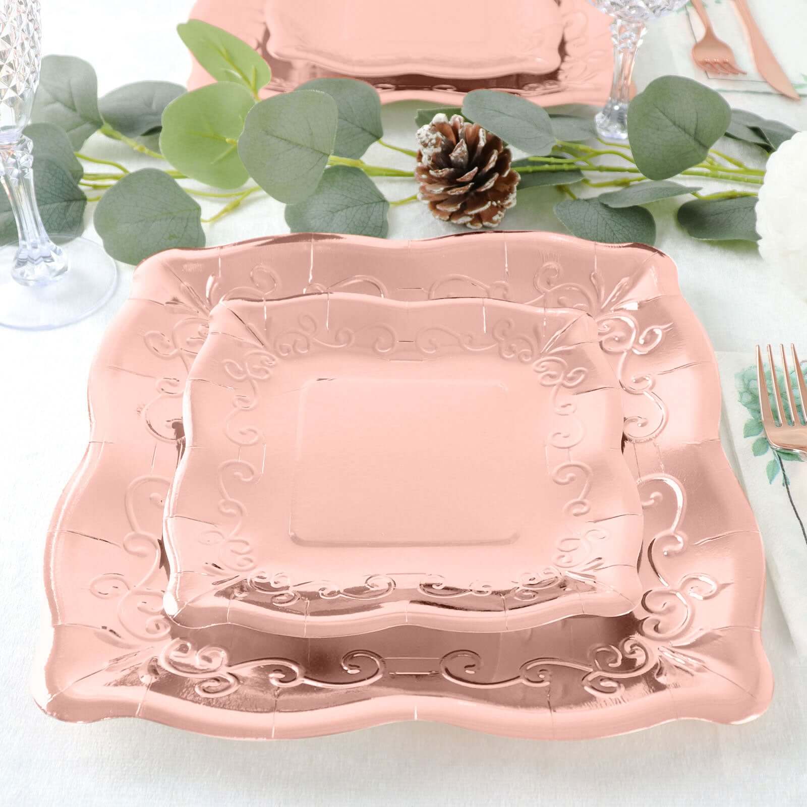 25-Pack Paper 11" Square Dinner Plates in Blush Rose Gold with Vintage Pottery Embossed Design - Shiny Metallic Disposable Serving Plates