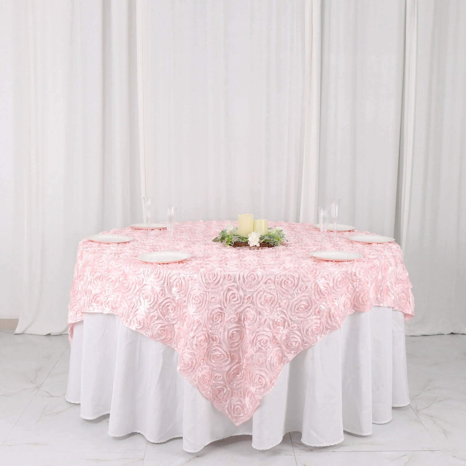 Satin 72"x72" Table Overlay Square Tablecloth Blush - 3D Rosette Table Cover