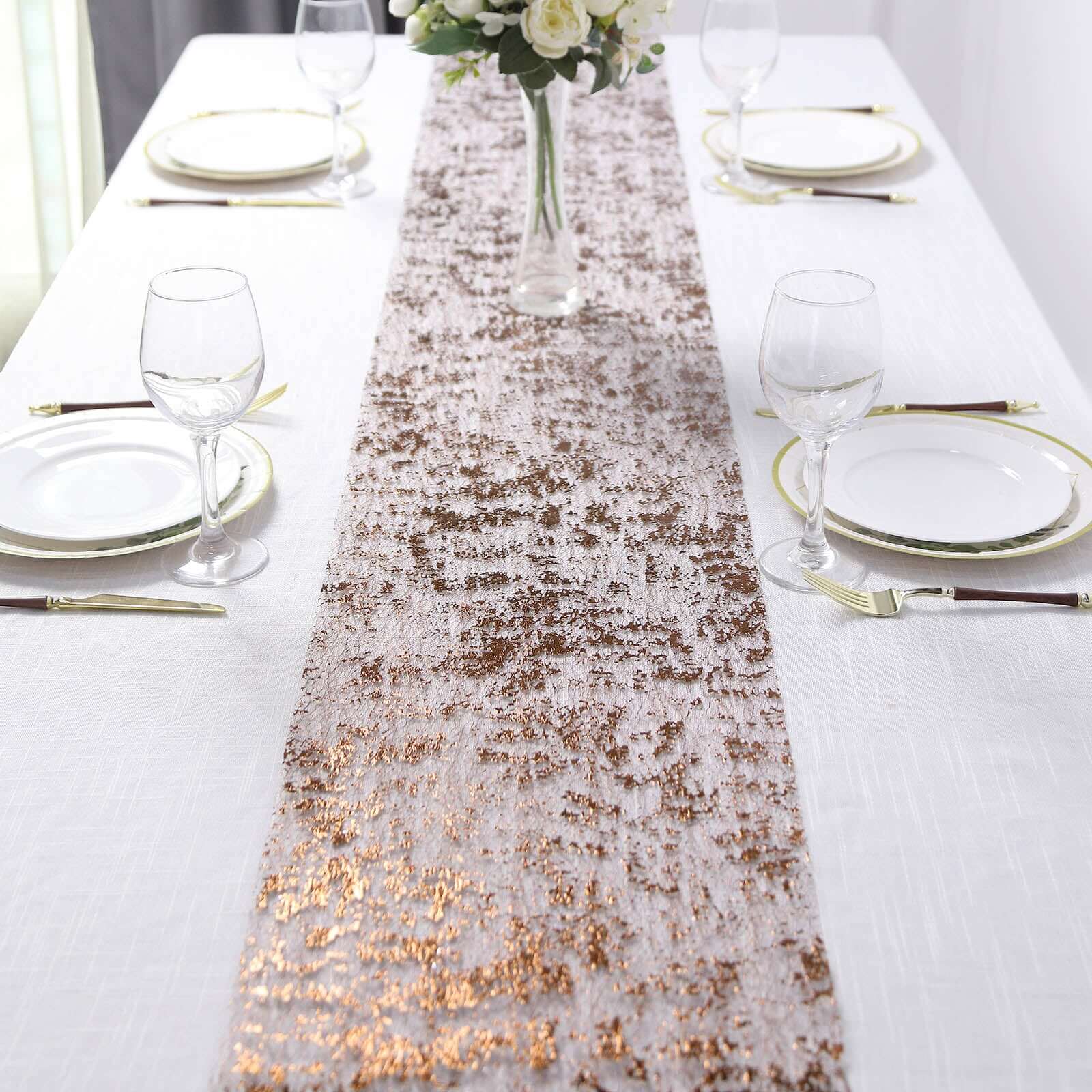 Mesh Polyester 108" Table Runner Roll Metallic Bronze - Distressed Foil Look Disposable Table Decor