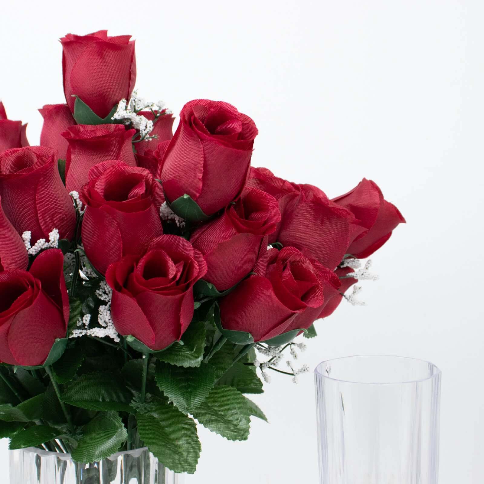 12 Bushes Burgundy Artificial Premium Silk Flower Rose Bud Bouquets