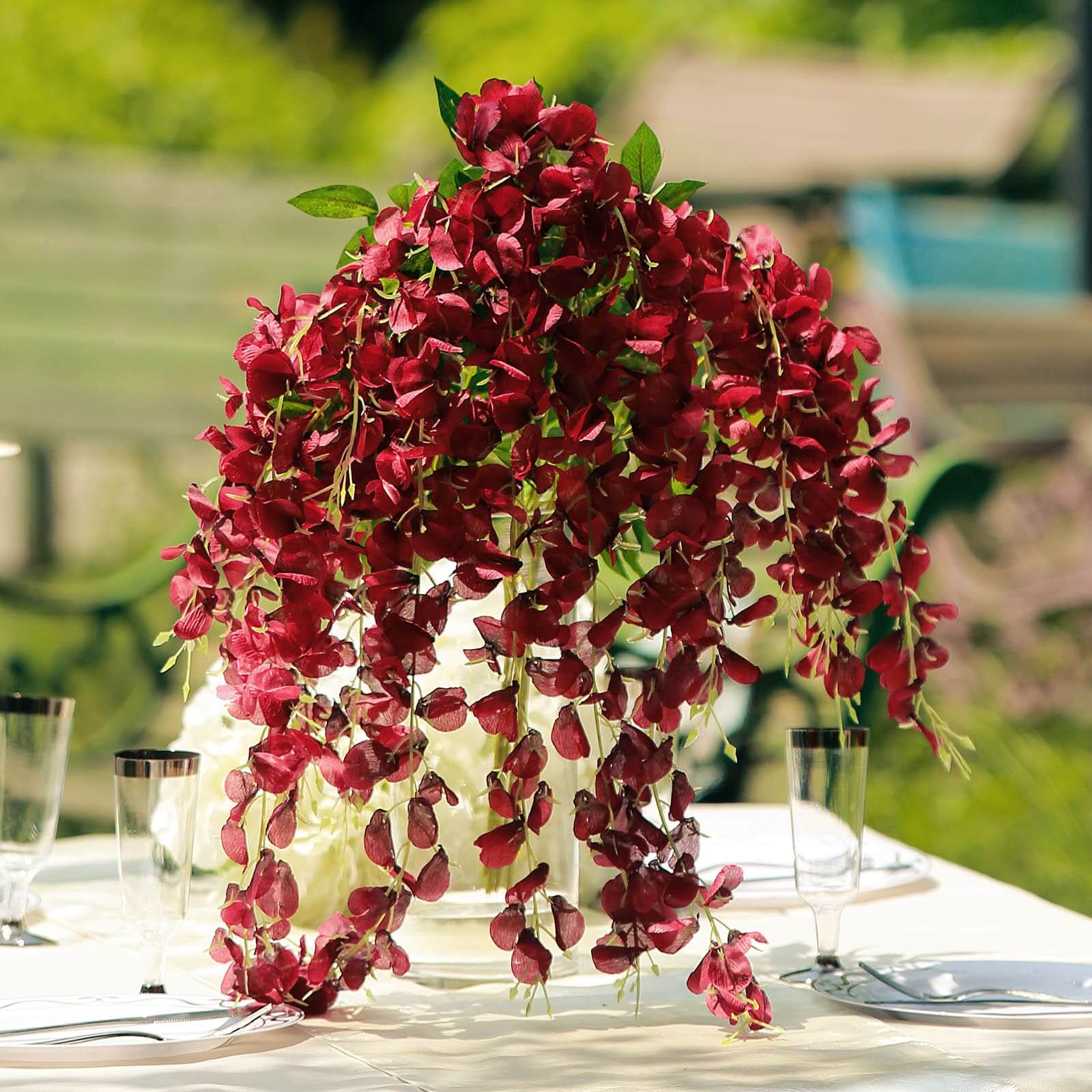5 Pack 44" Silk Hanging Wisteria Flower Garland Vines in Burgundy, 3 Strands in 1 Bush