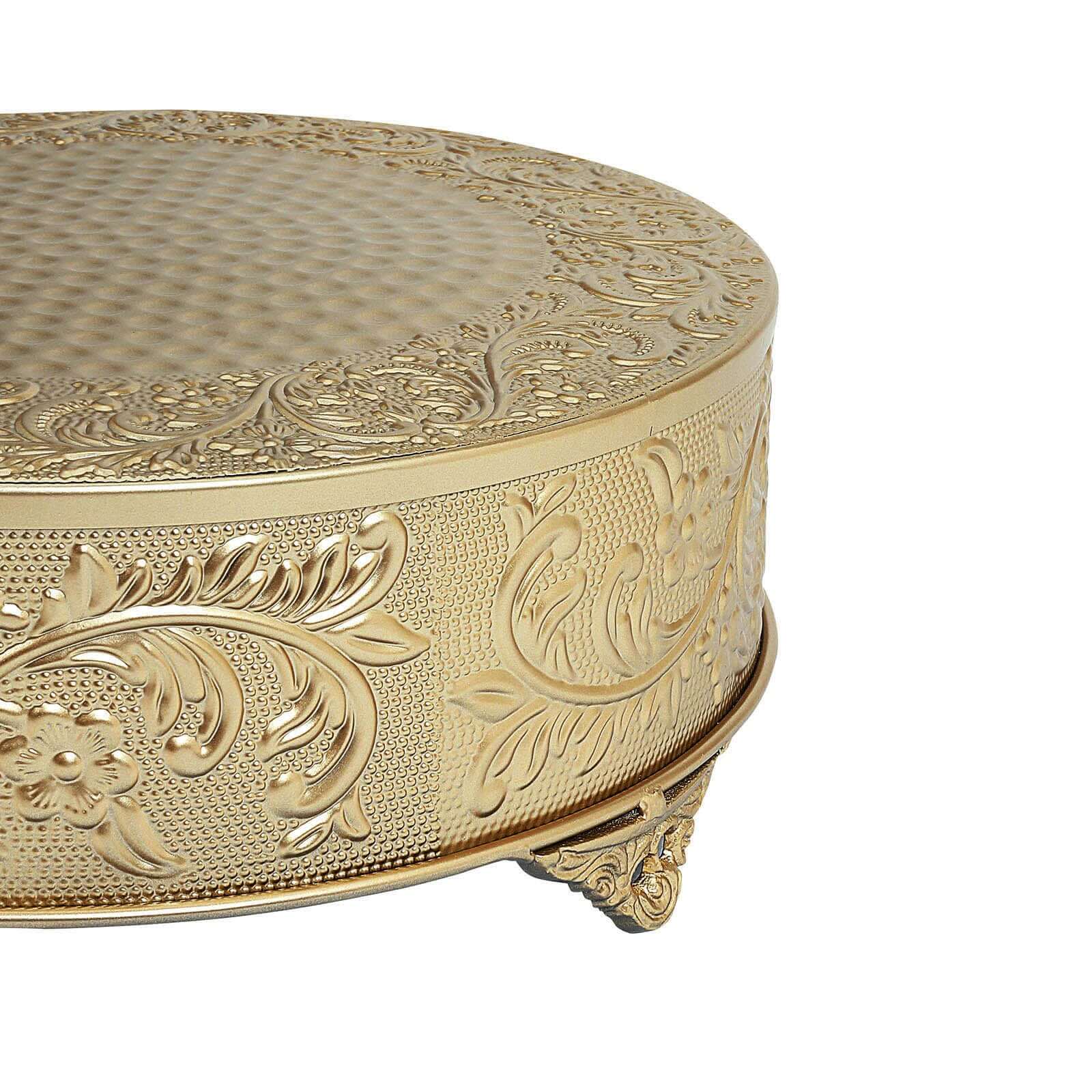 Metal 14" Round Cake Pedestal Stand Matte Gold - Cupcake Dessert Display Riser with Intricate Embossed Design for Upscale Events & Gatherings