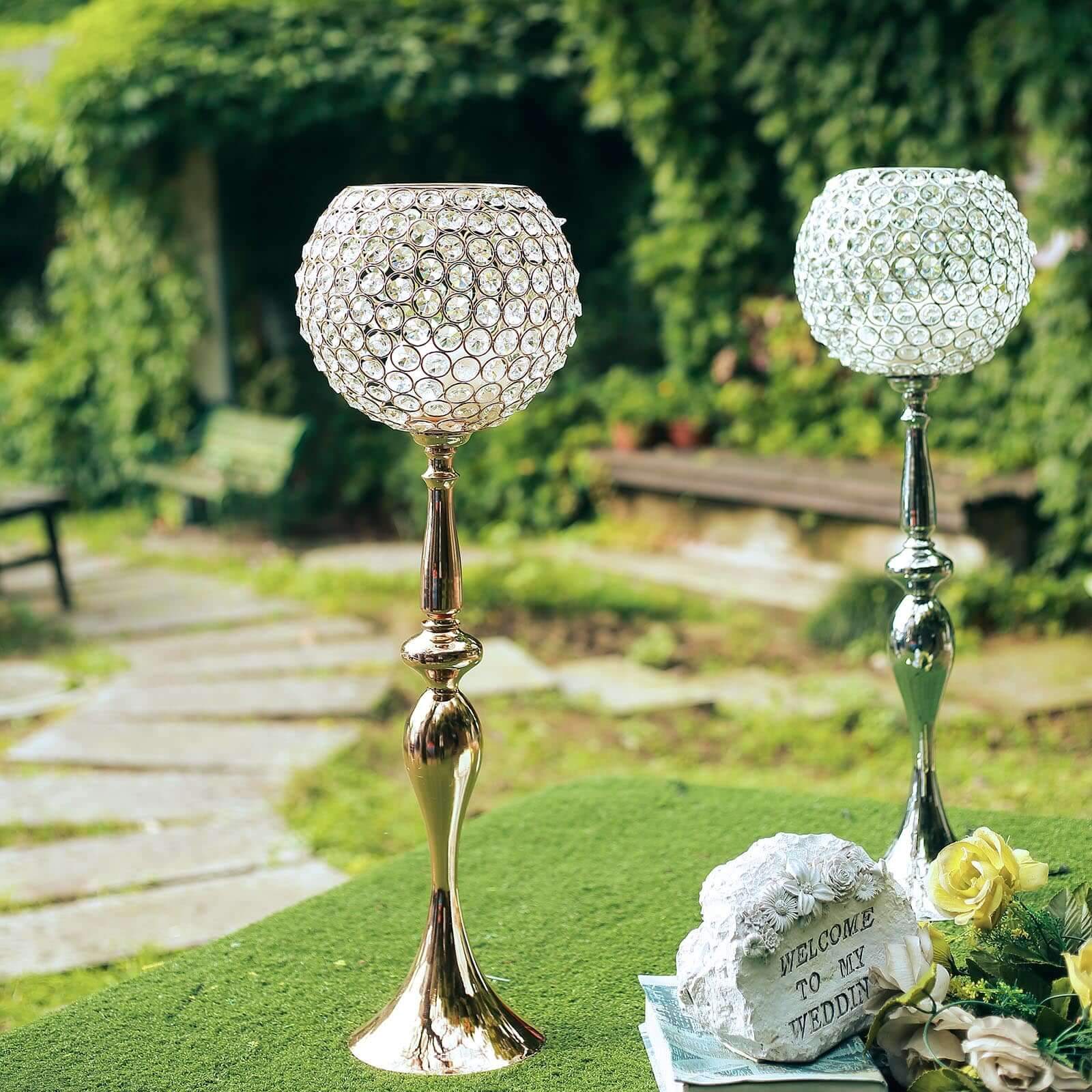 Acrylic Crystal Beaded Goblet Candle Holder Gold - Exquisite Flower Ball Centerpiece Stand for High-End Event Styling 30"