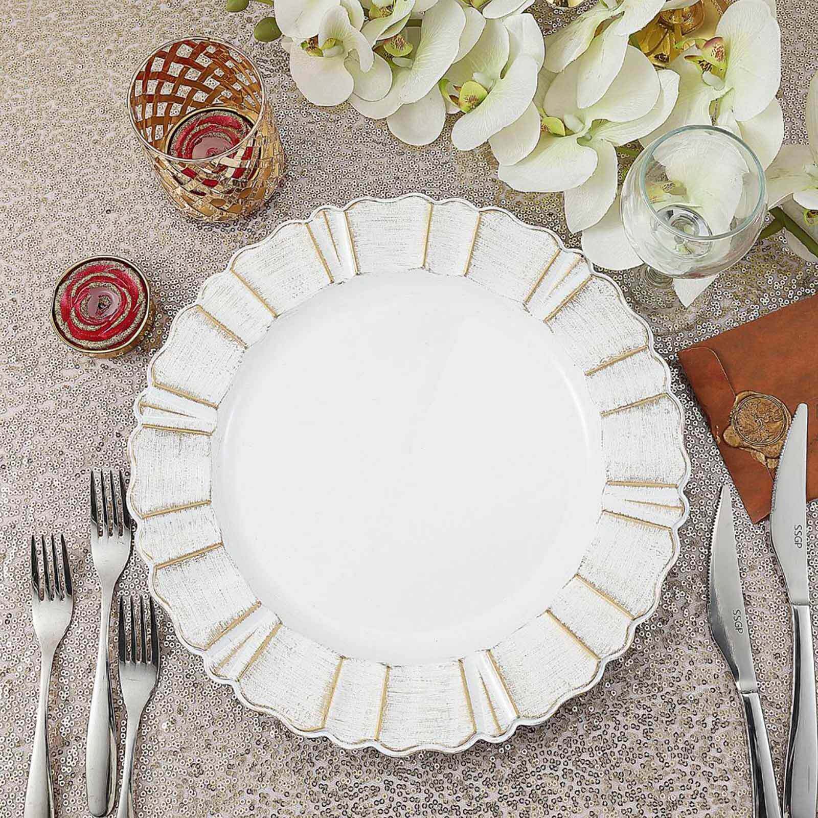 6-Pack Acrylic Plastic Round Charger Plates 13" in White with Gold Brushed Wavy Scalloped Rim, Decorative Dinner Party Charger Tableware