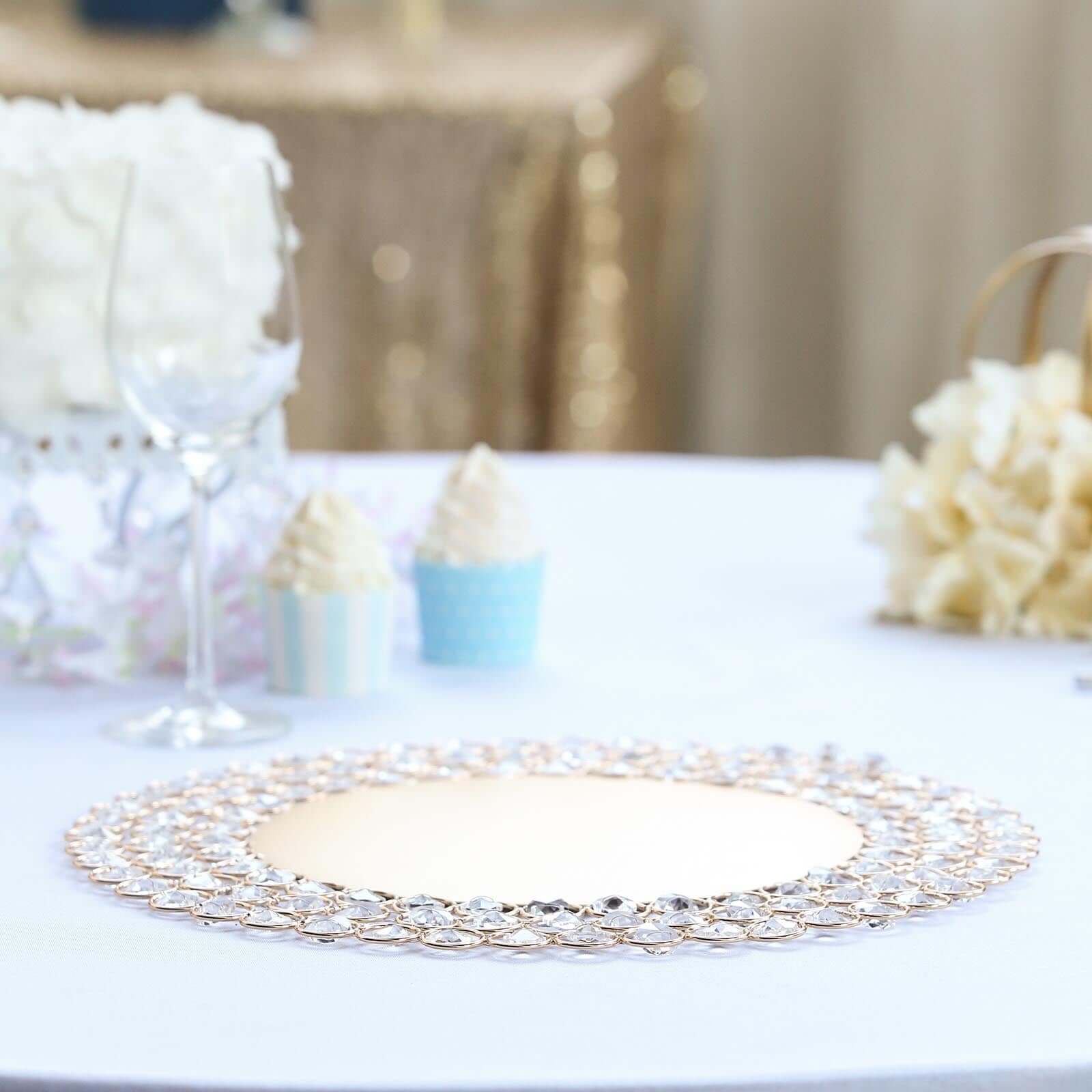 Wired Metal Round Charger Plate 14" in Gold with Acrylic Crystal Beads, Glamorous Decorative Dinner Charger Tableware