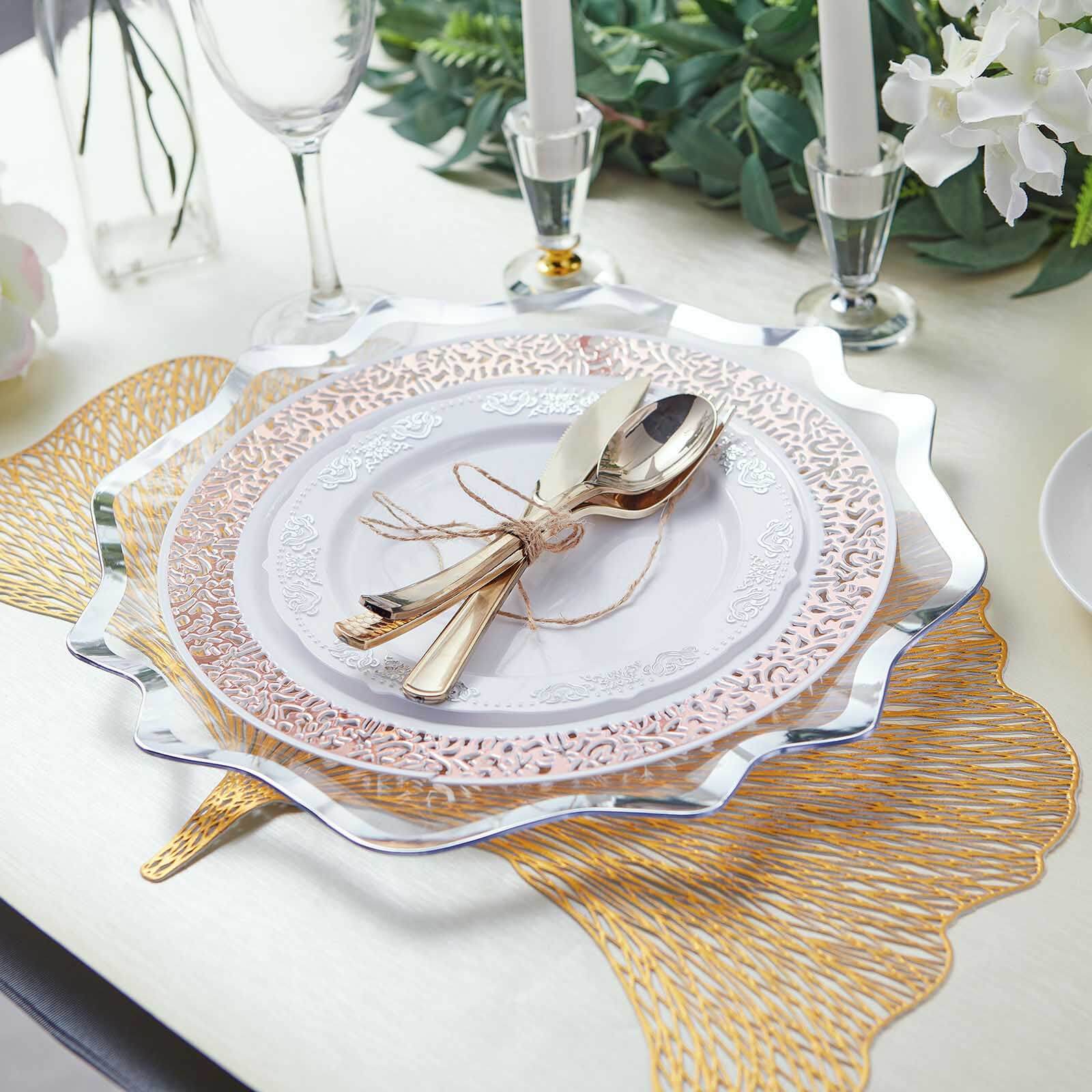 6-Pack Acrylic Plastic Round Charger Plates 13" in Clear with Silver Scalloped Edge, Exquisite Dinner Serving Plates