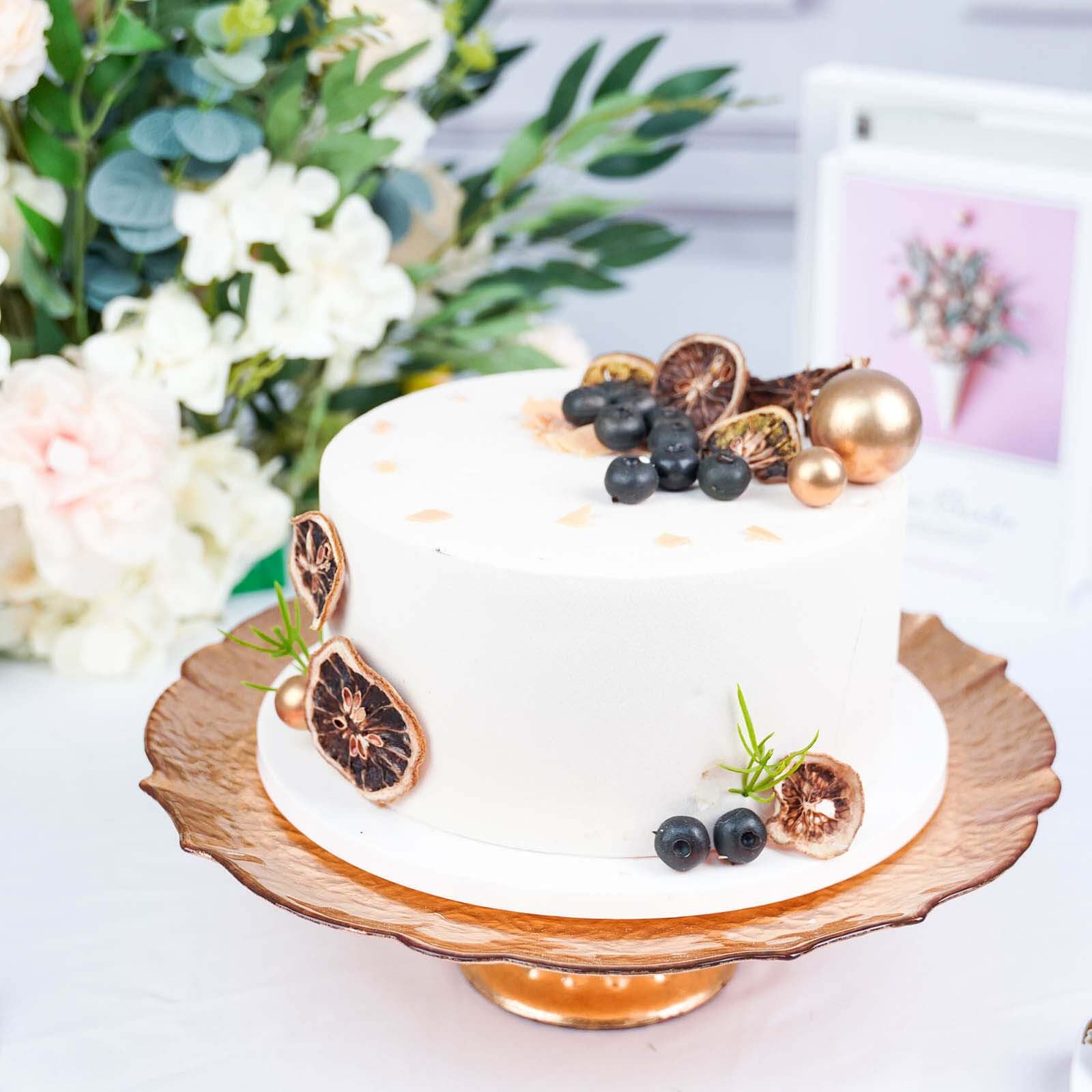 Glass Pedestal Cake Stand Scalloped Edge Design Rose Gold - Cupcake Holder and Dessert Display Plate 14"
