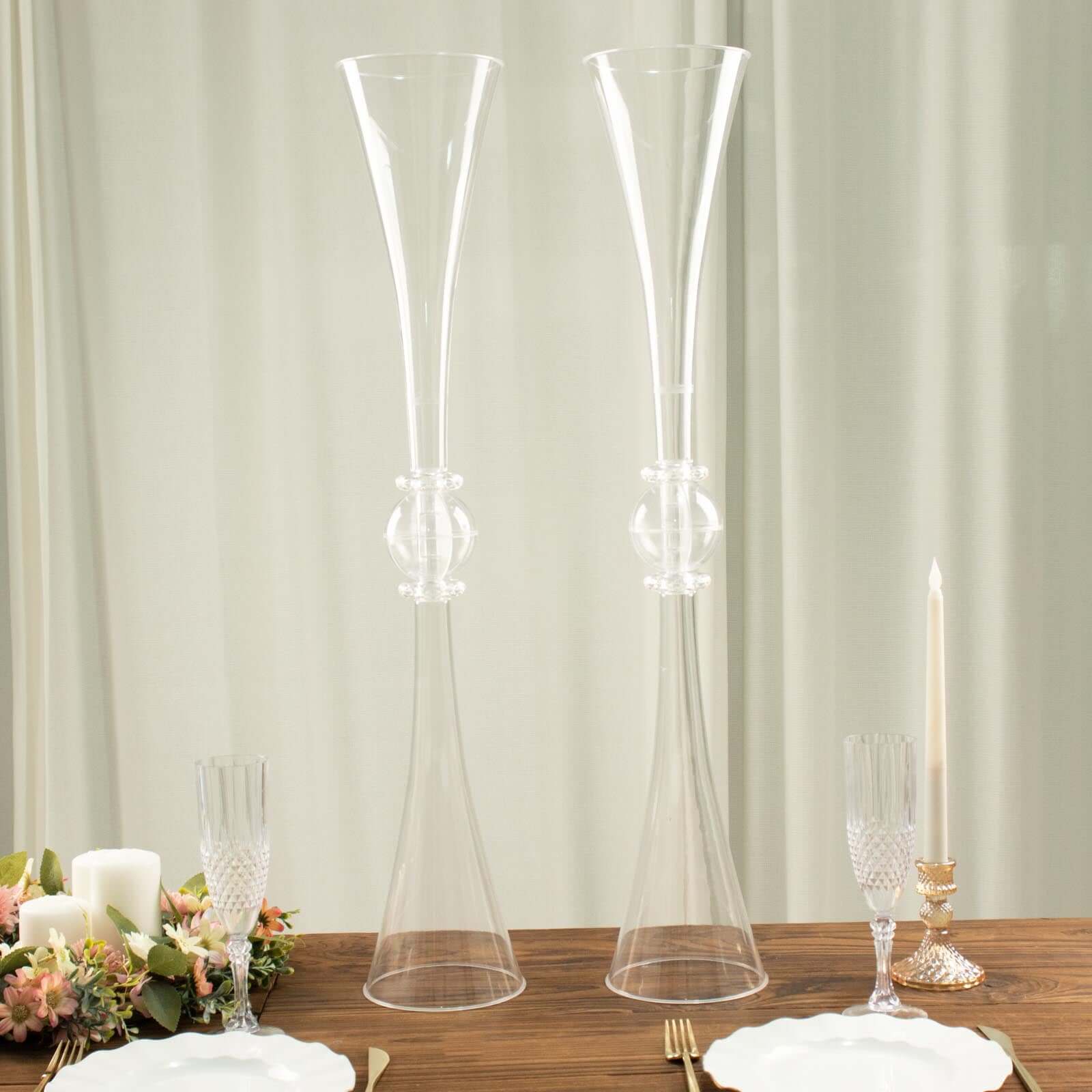 2 Pack 31" Clear Crystal Embellishment Trumpet Flower Vase, Reversible Plastic Table Centerpiece