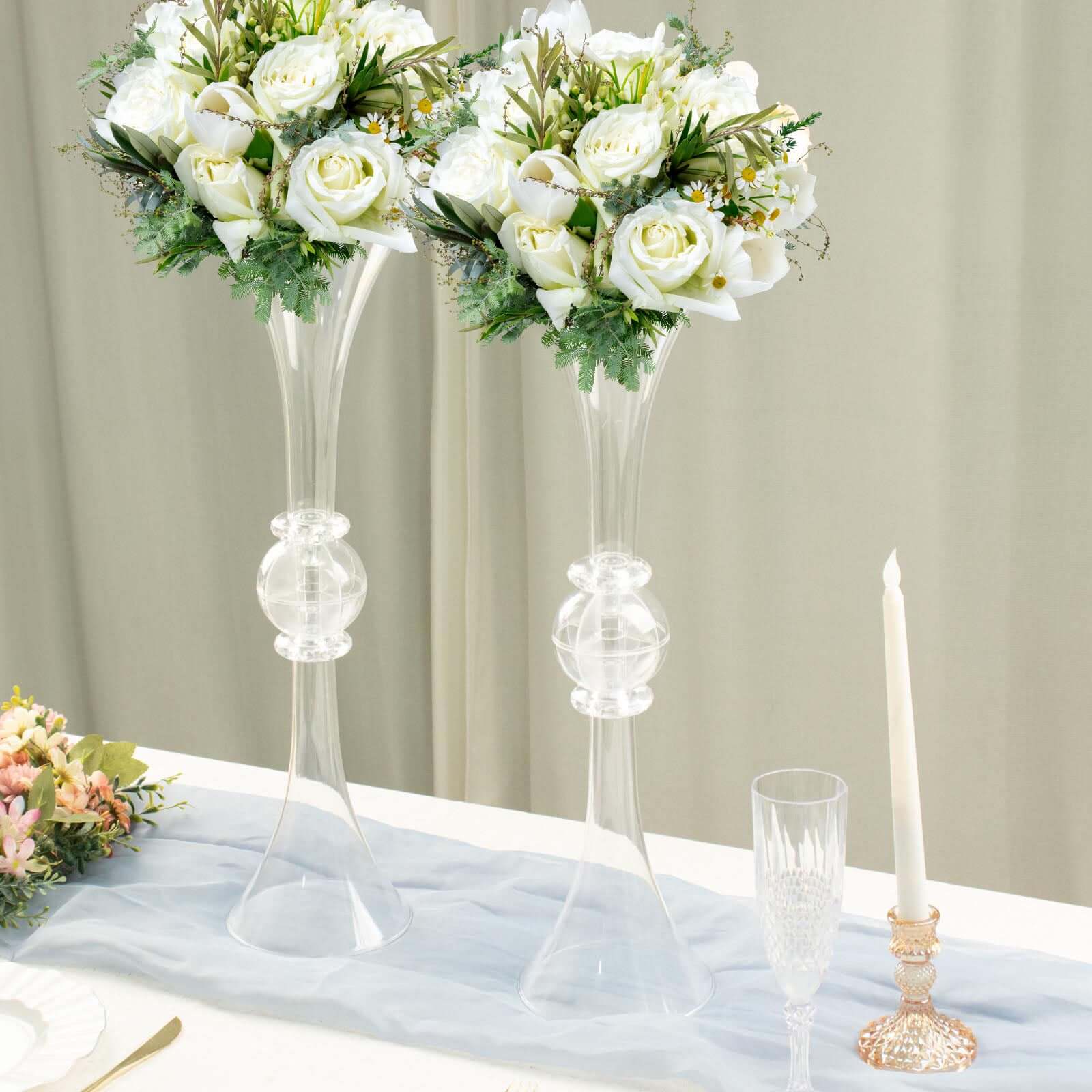 2-Pack Flower Vases Trumpet Design with Crystal Embellishments Clear - Reversible Plastic Table Centerpieces 21"