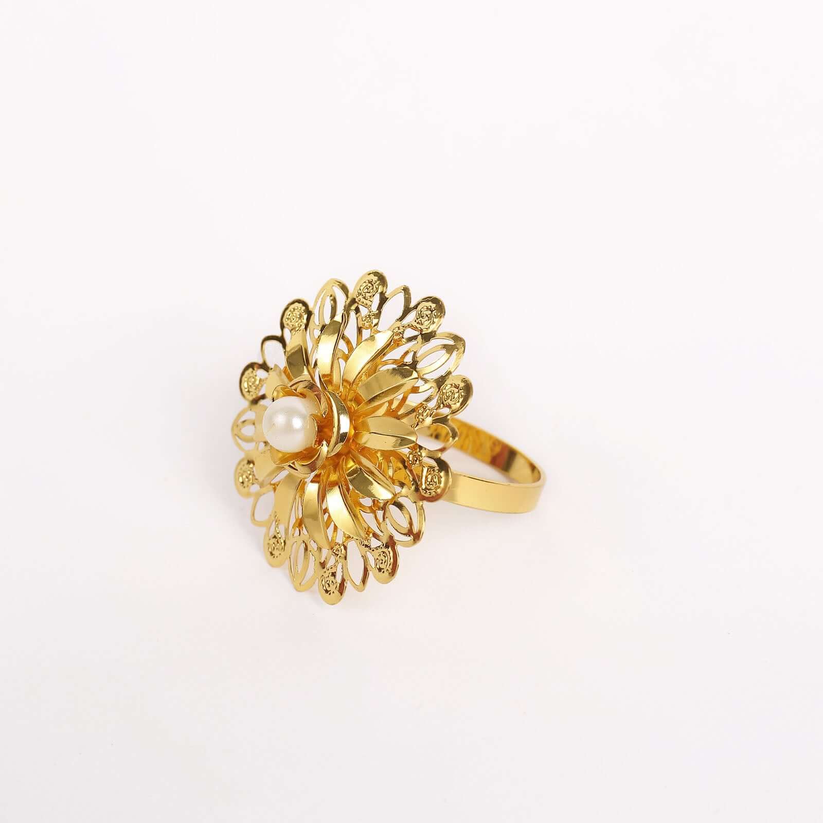 4 Pack 2" Elegant Gold Metal Pearl Floral Serviette Napkin Rings, Daffodil Flower Buckle Napkin Holders