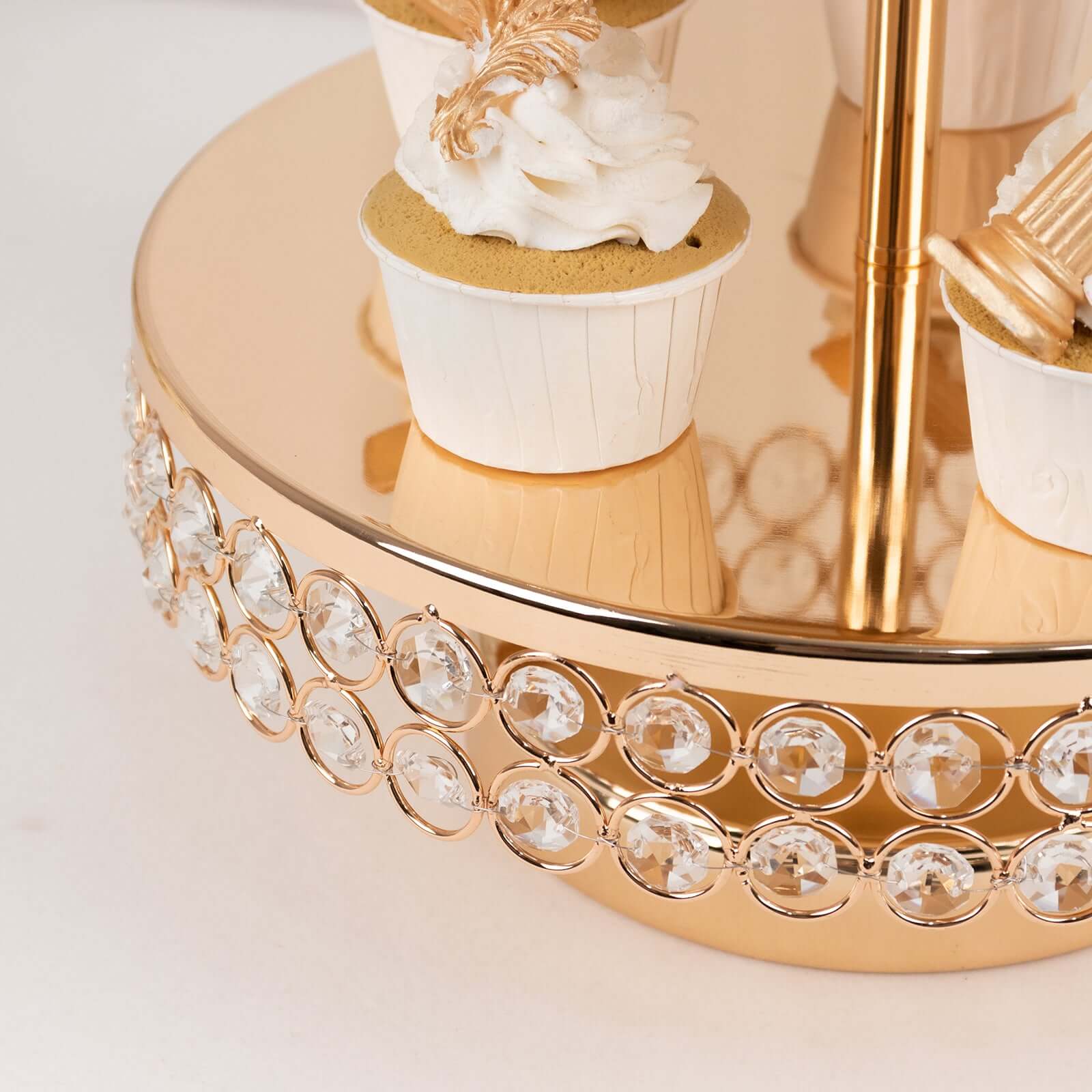 3-Tier Cake Stand Crystal Beaded Gold with Round Mirror Top - Metal Cupcake Tower Dessert Display 26"