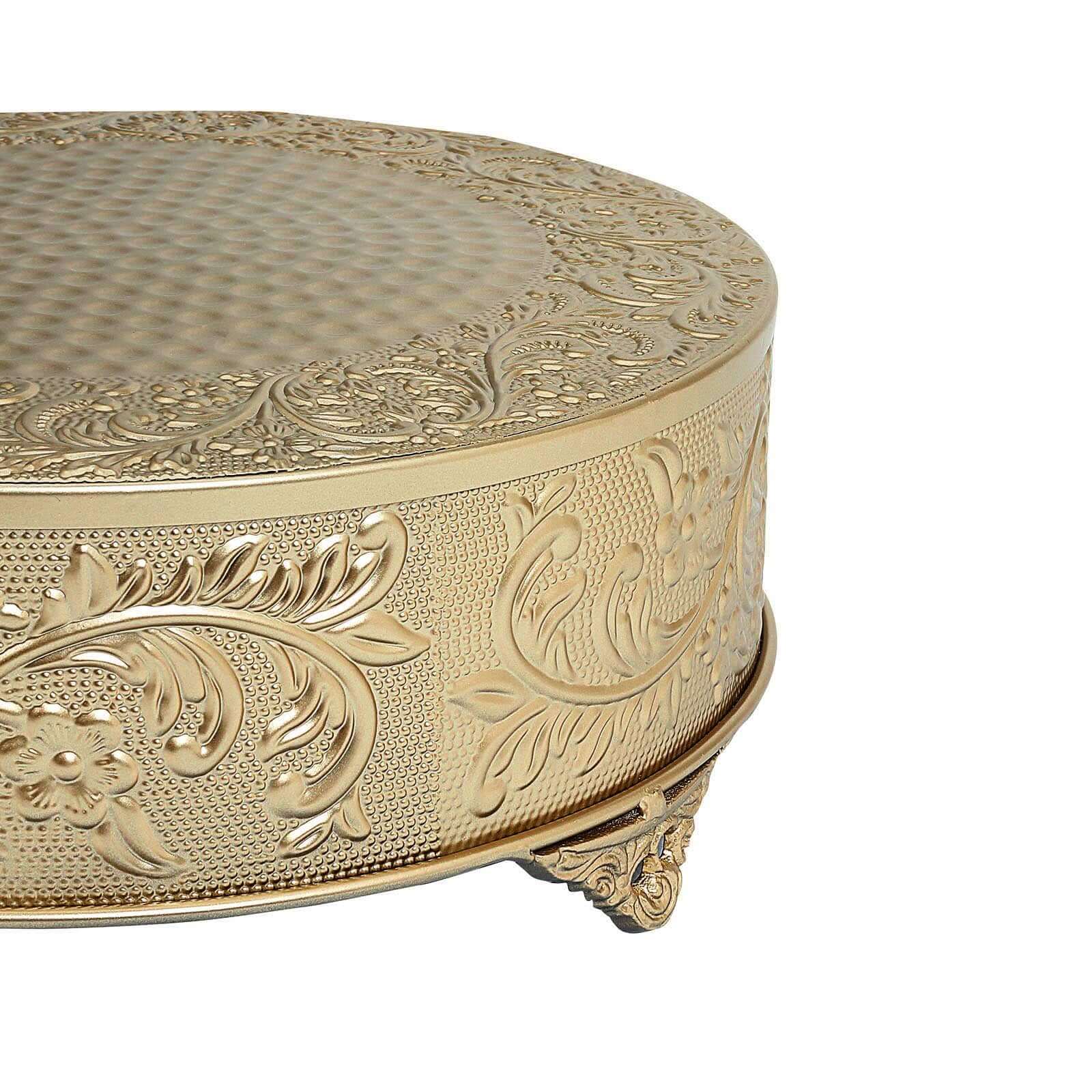 Metal 18" Round Cake Pedestal Stand Matte Gold - Cupcake Dessert Display Riser with Intricate Embossed Design for Upscale Events & Gatherings