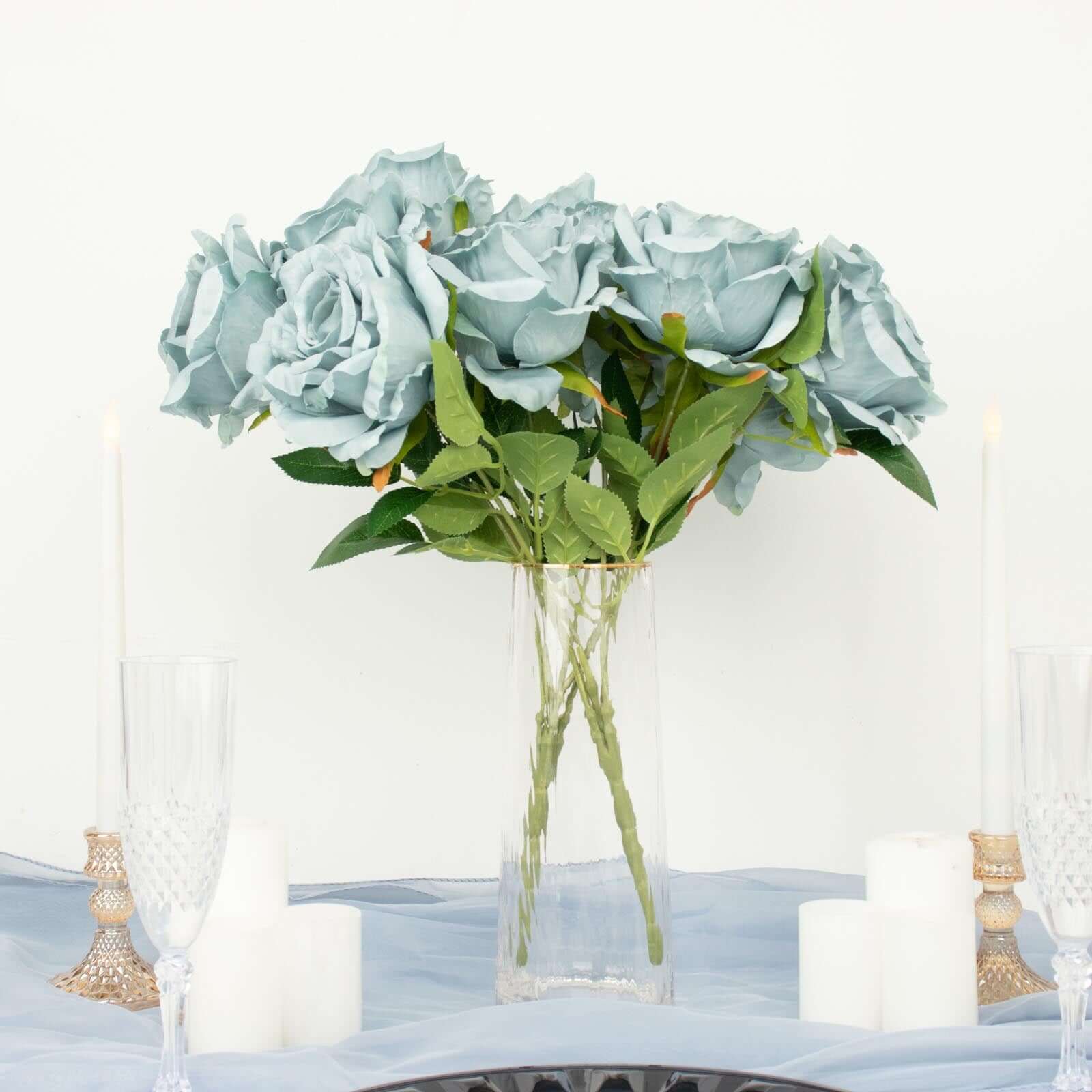 2 Bushes 17" Dusty Blue Premium Silk Jumbo Rose Flower Bouquet, High Quality Artificial Wedding Floral Arrangements