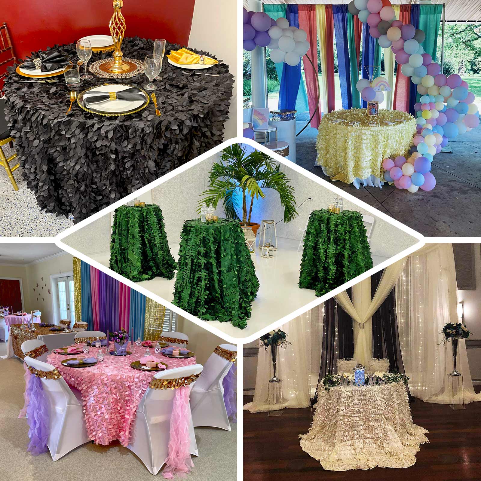 Taffeta 132" Round Tablecloth Dusty Blue | 3D Leaf Petal Design Seamless Table Cover