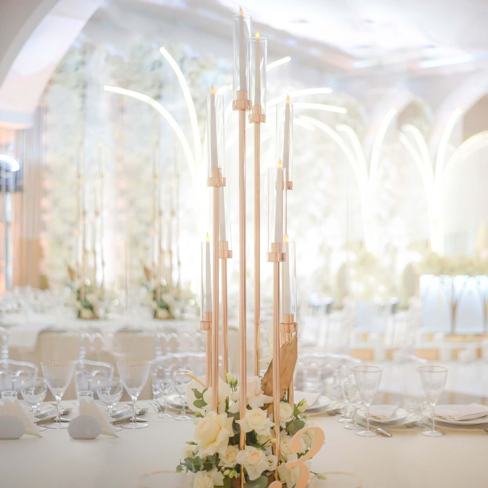 8 Arm Cluster Taper Candle Holder Gold - Stunning Large Candle Arragement With Clear Glass Shades for Grand Banquets & Celebrations 42"