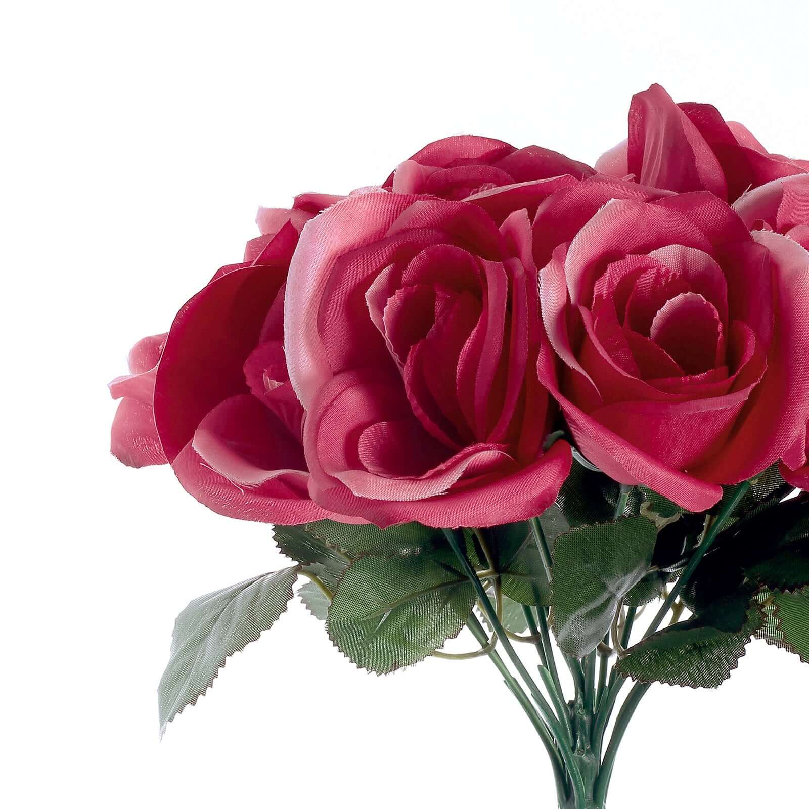 12" Fuchsia Artificial Velvet-Like Fabric Rose Flower Bouquet Bush