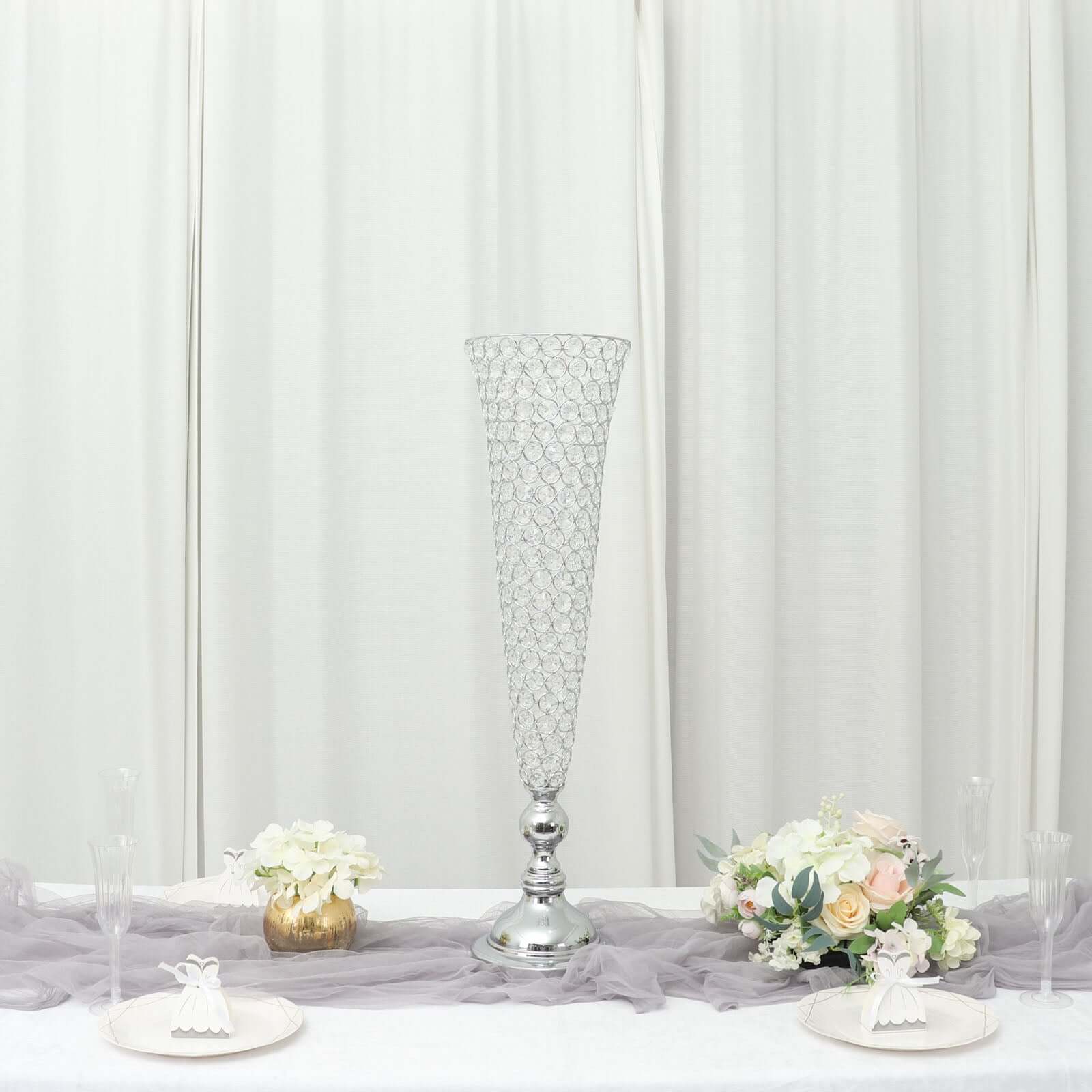 3-Pack Crystal Beaded Trumpet Vase Silver - Exquisite Floral Display Centerpiece Stand Set for Banquets & Receptions 28" Tall