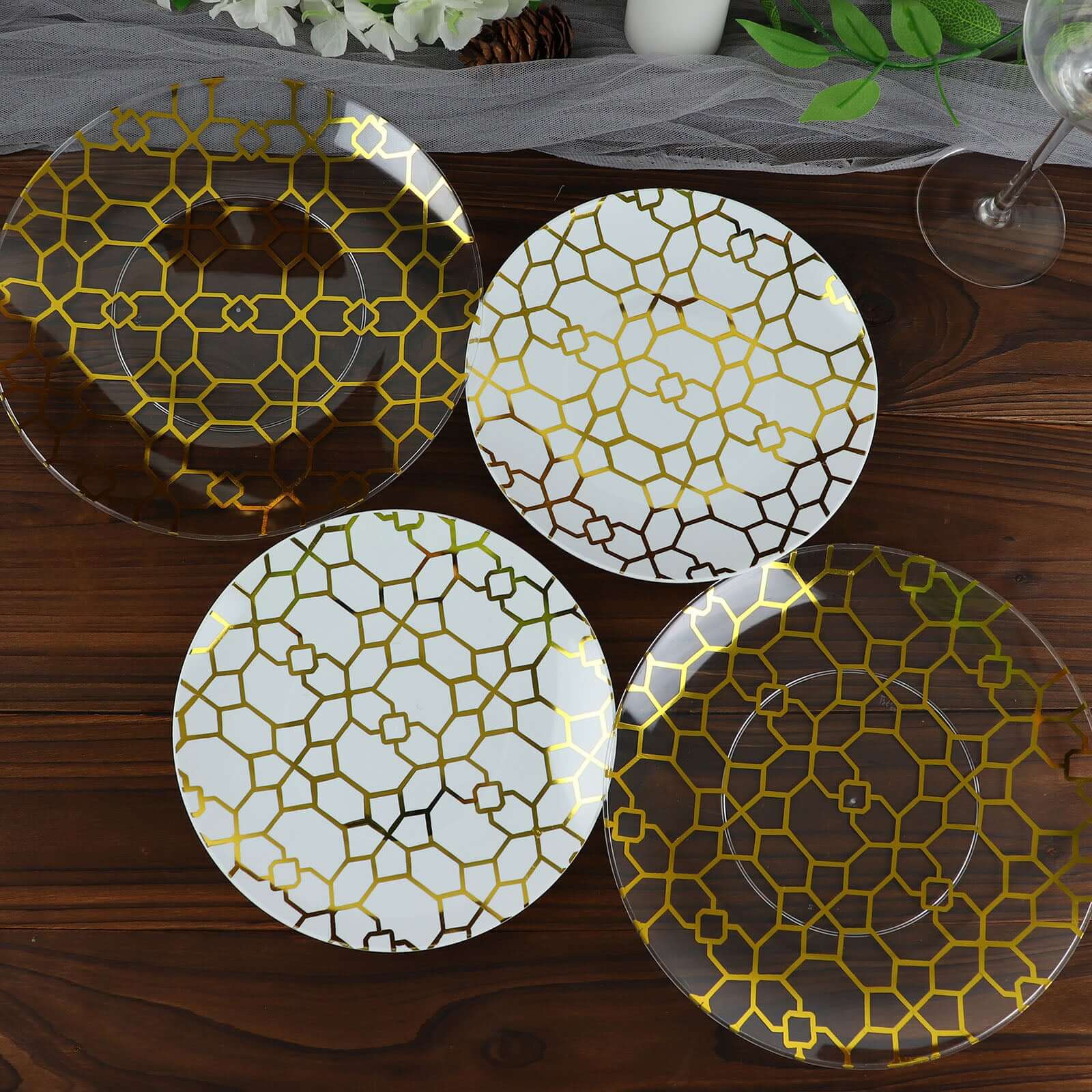 20-Pack Set Plastic Round Dinner and Salad Plates in White & Clear with Geometric Gold Print - Modern Disposable Dinnerware Set for Weddings & Celebrations 9", 7"