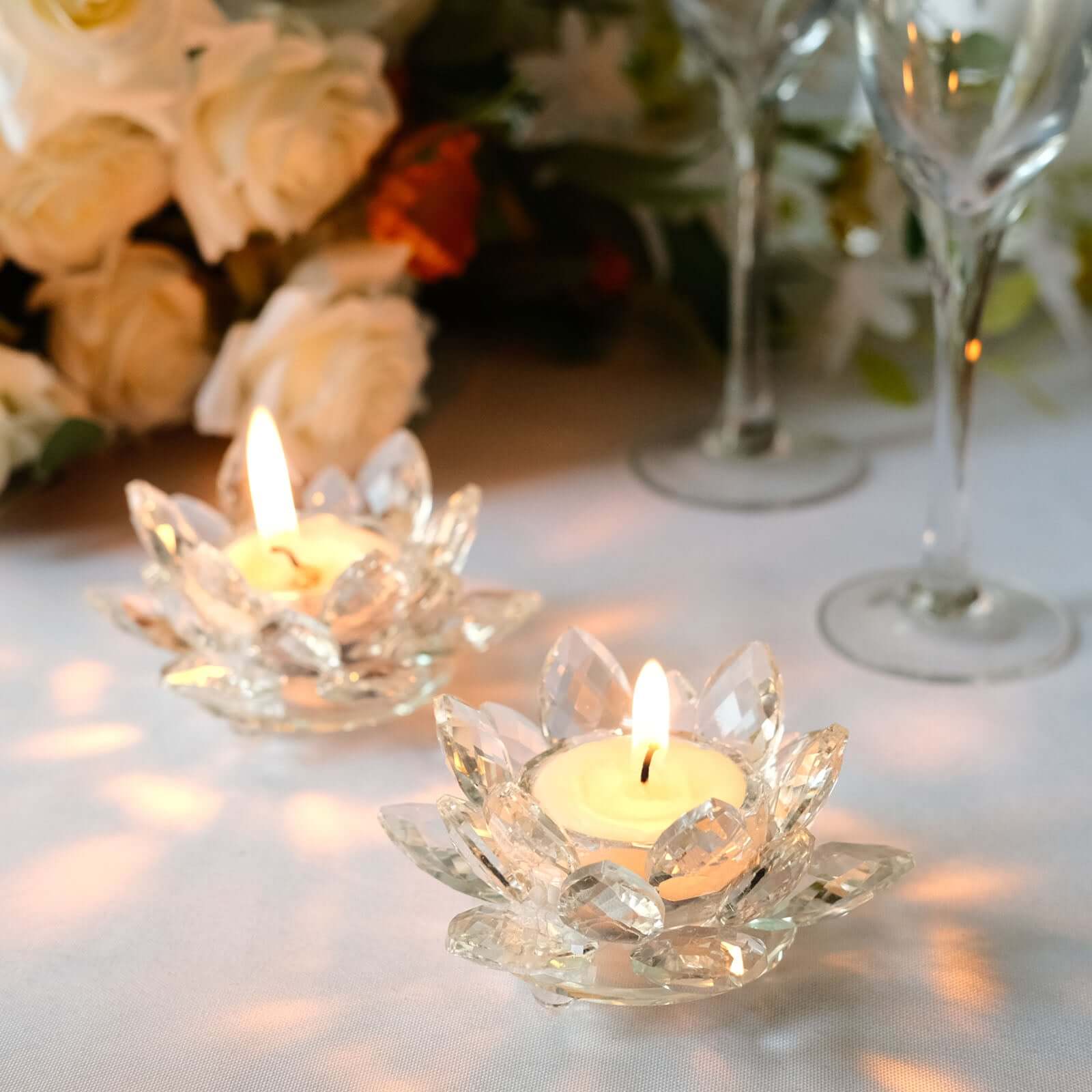 2 Pack Clear 4.5" Crystal Glass Lotus Flower Votive Candle Holders, Tealight Taper Candle Stands