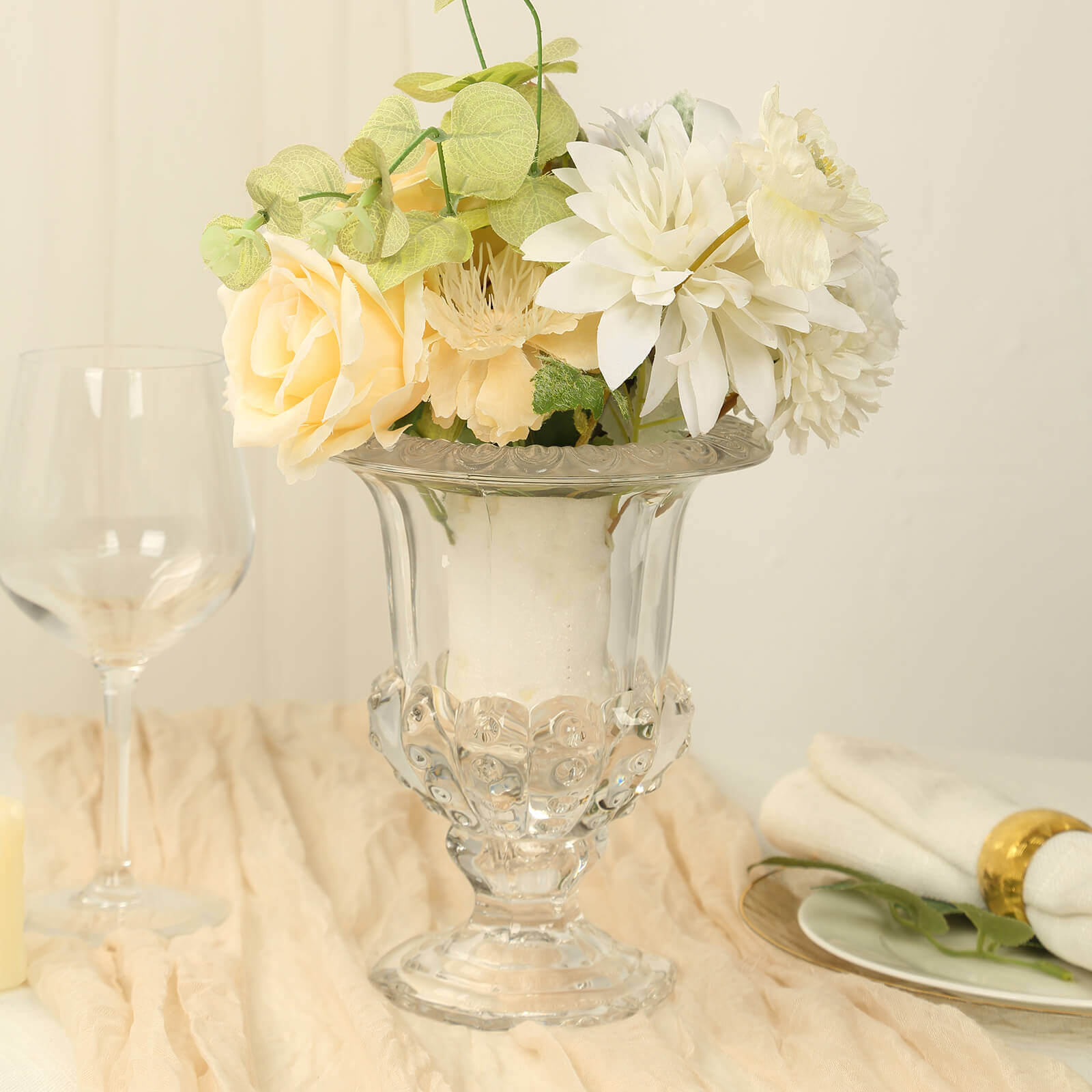 2-Pack Glass Mini Pedestal Flower Vases in Classic Roman Urn Style Clear - Sophisticated Wedding Table Centerpieces 6"