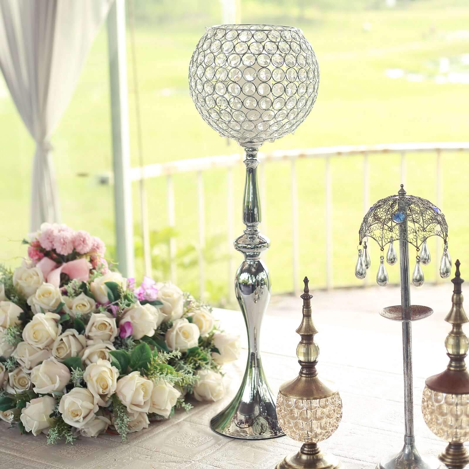 Acrylic Crystal Beaded Goblet Candle Holder Silver - Exquisite Flower Ball Centerpiece Stand for High-End Event Styling 30"