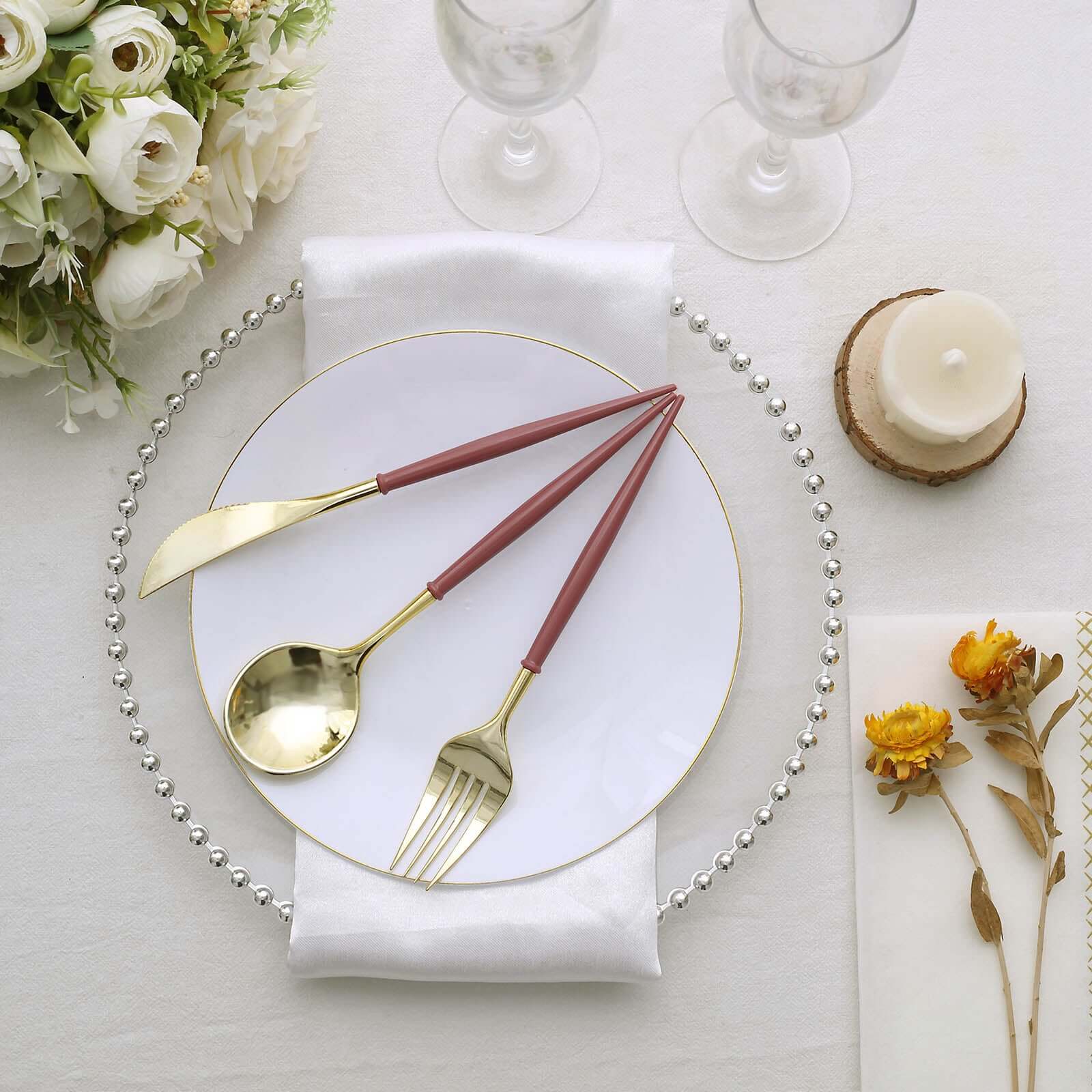 24 Pack 8" Metallic Gold With Cinnamon Rose Disposable Silverware Set, Modern Premium Plastic Utensil Set