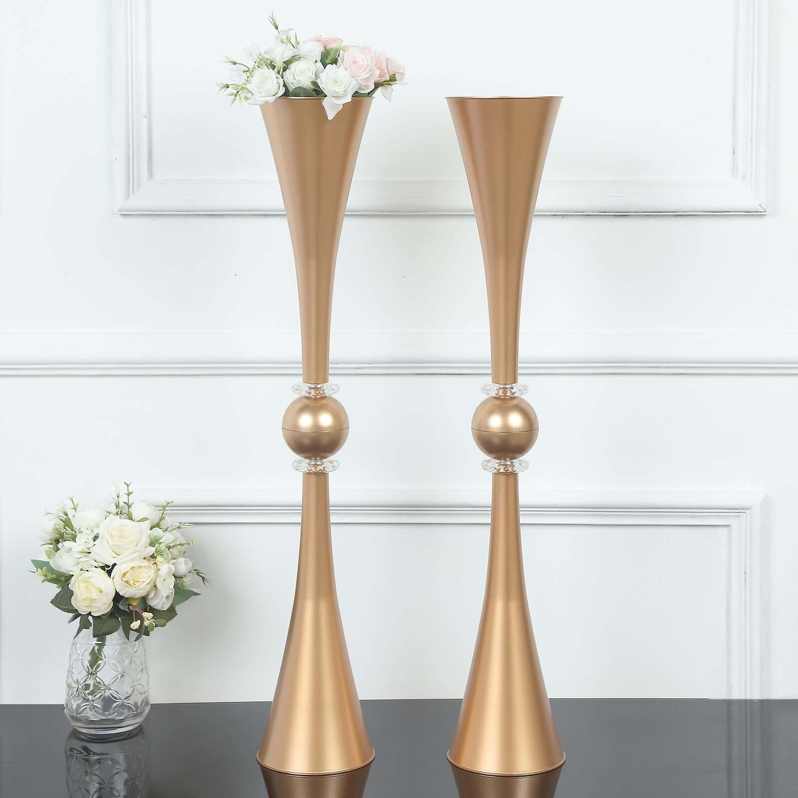 2 Pack 31" Shiny Gold Crystal Embellishment Trumpet Flower Vase, Reversible Plastic Table Centerpiece
