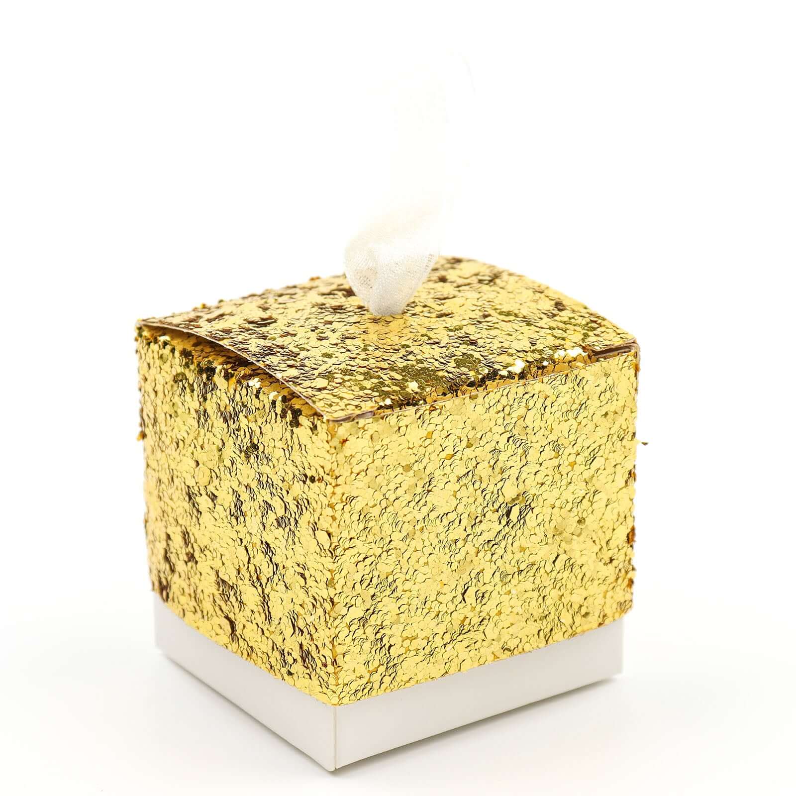 25 Pack 2" Gold Sequin Glitter Party Favor Boxes With White Ribbon Loop, Wedding Favor Gift Boxes, Candy Cases