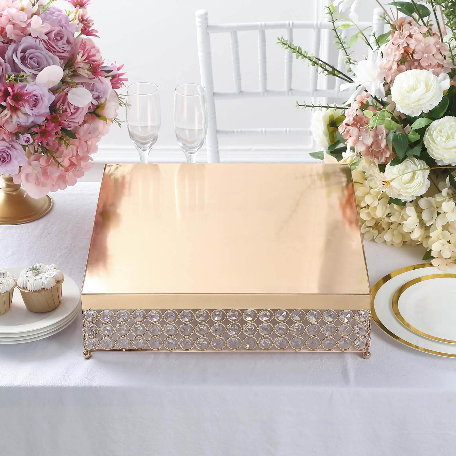 Metal Cake Stand Square Design with Crystal Beads Gold - Dessert Pedestal for Events 16"