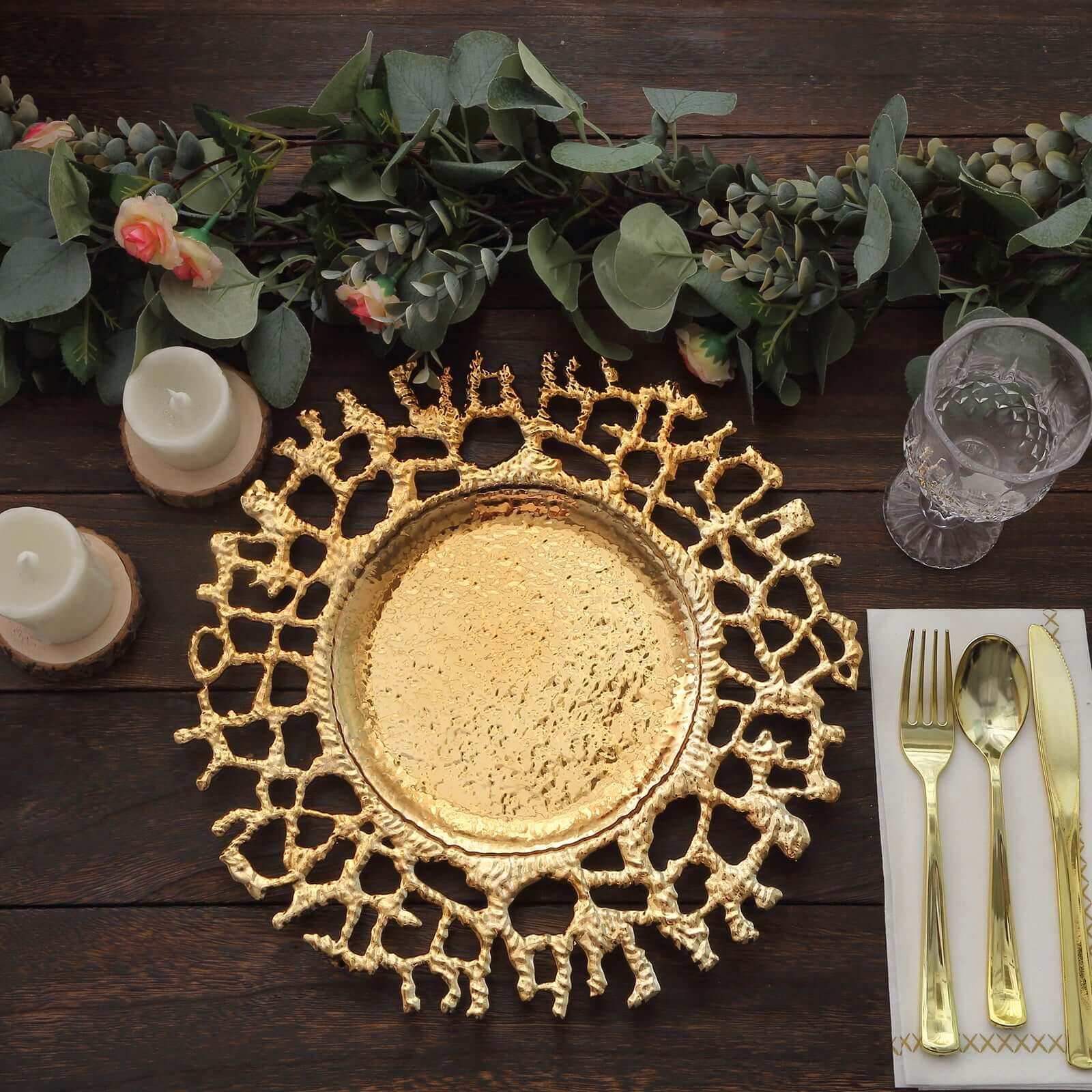 6-Pack Acrylic Round Charger Plates 13" in Gold with Molten Branch Design, Plastic Hollow Lace Decorative Dinner Party Charger Tableware