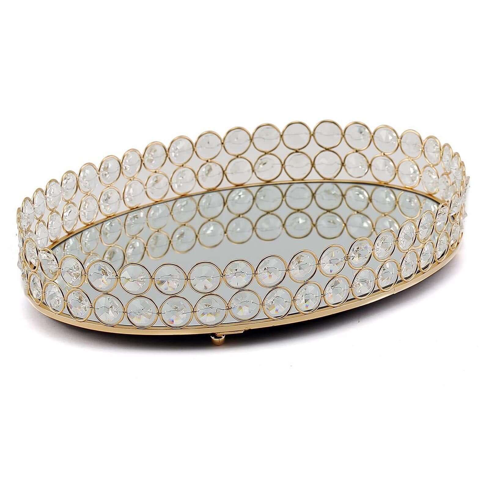 Gold Metal Crystal Beaded Mirror Oval Vanity Serving Tray, Decorative Tray - Medium 14"x10"