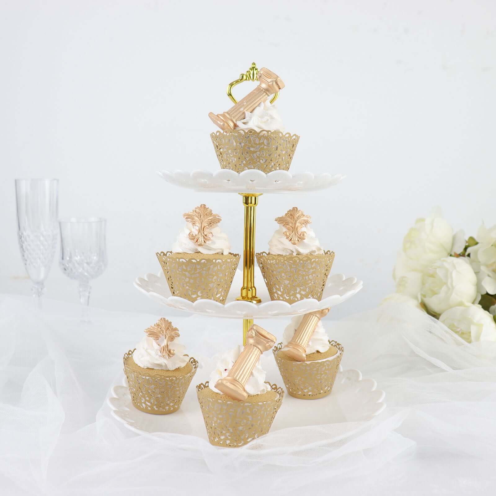 25-Pack Paper Cupcake Wrappers Lace Laser Cut Design Gold - Muffin Baking Cup Trays for Events