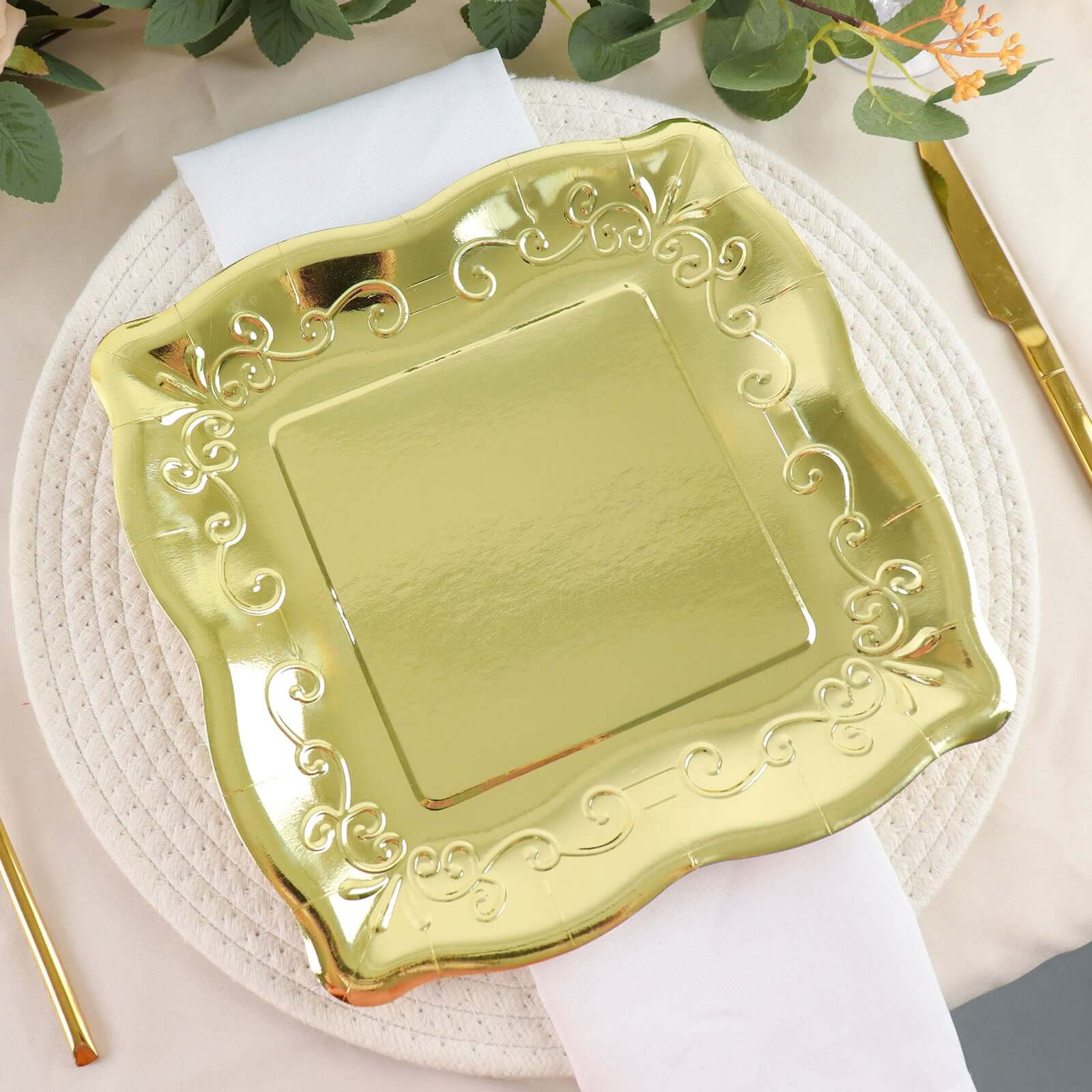 25-Pack Paper 11" Square Dinner Plates in Gold with Vintage Pottery Embossed Design - Shiny Metallic Disposable Serving Plates for Glamorous Dinners & Events