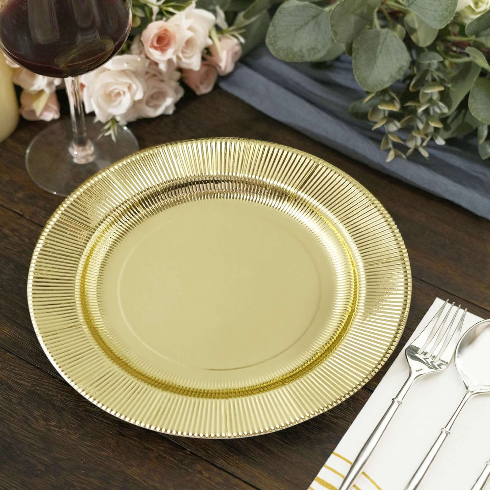 25-Pack Paper 8" Round Dessert Plates in Metallic Gold Sunray Design - Disposable Heavy Duty 350GSM Appetizer Salad Plates