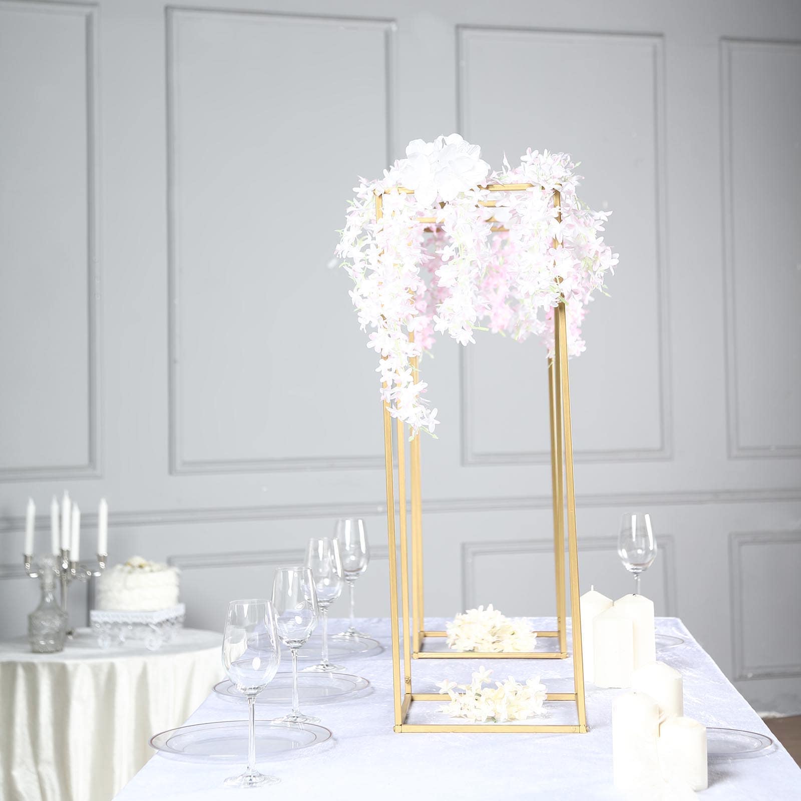 2-Pack Wedding Flower Stand Gold Metal Geometric Column Frame Rectangular - Versatile Floral Pedestal for Sophisticated Arrangements 32"